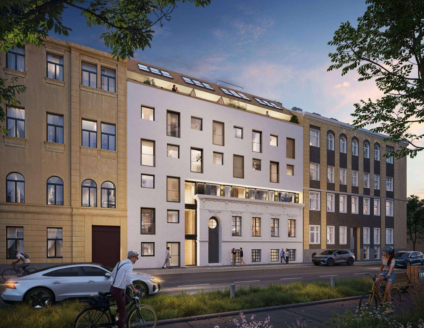 Moderne Gebäudefassade mit vielen Fenstern, harmonisch in eine historische Straßenzeile integriert.