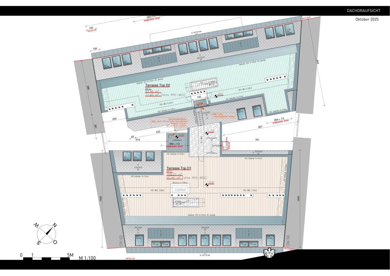 Dachaufsicht mit zwei großzügigen Terrassenbereichen für die Dachgeschosswohnungen.