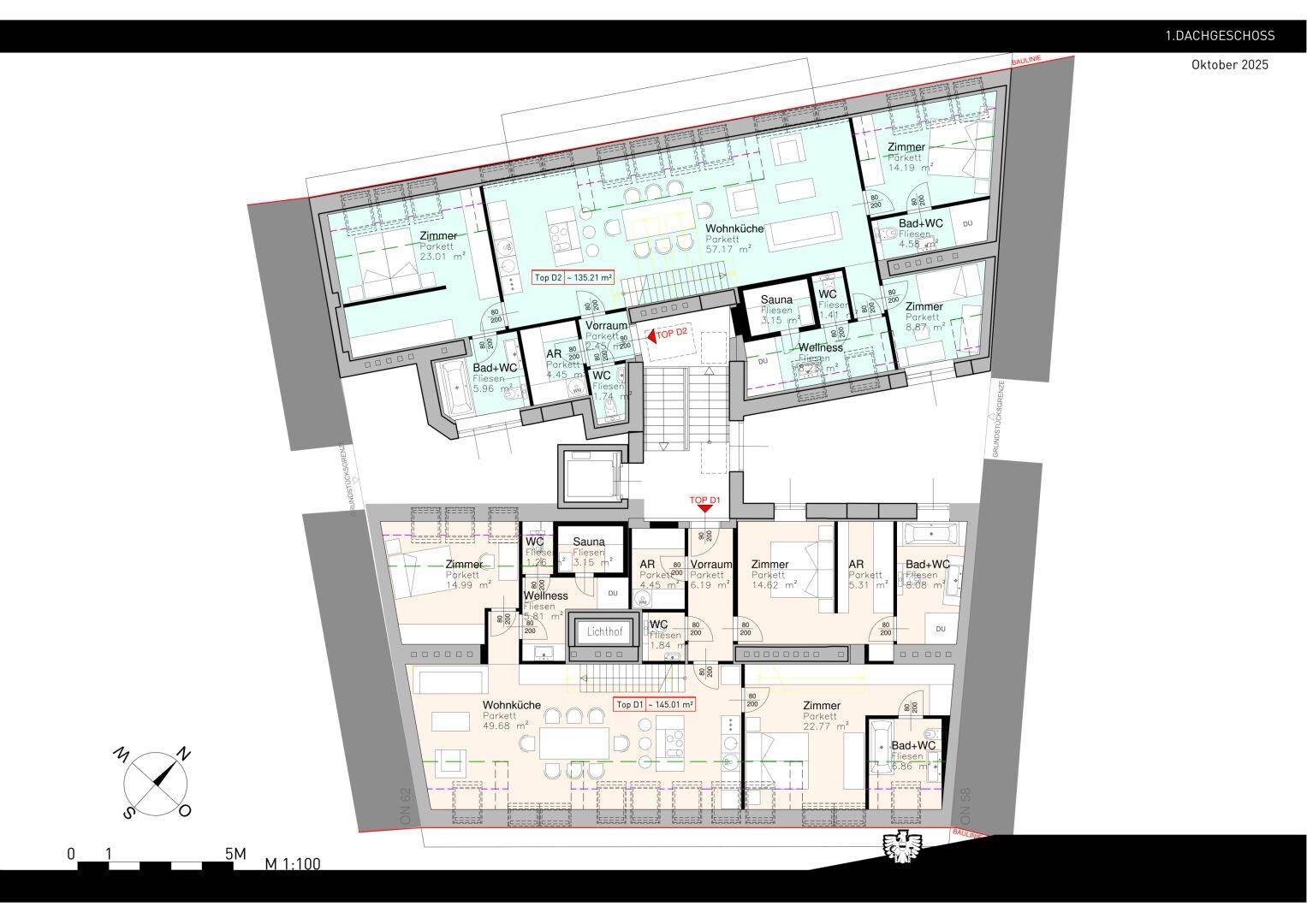 Grundriss des ersten Dachgeschosses mit zwei Wohneinheiten, Sauna und Wellnessbereich.