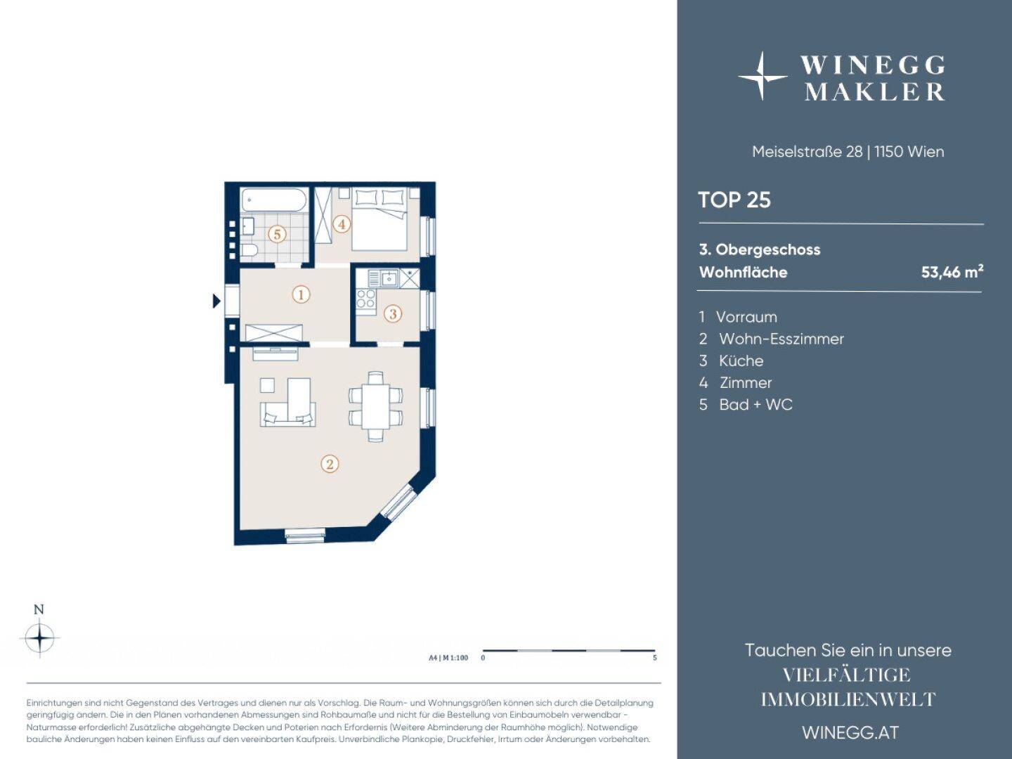 Grundriss der Wohnung Top 25 im 3. Obergeschoss mit 53,46 m² Wohnfläche.