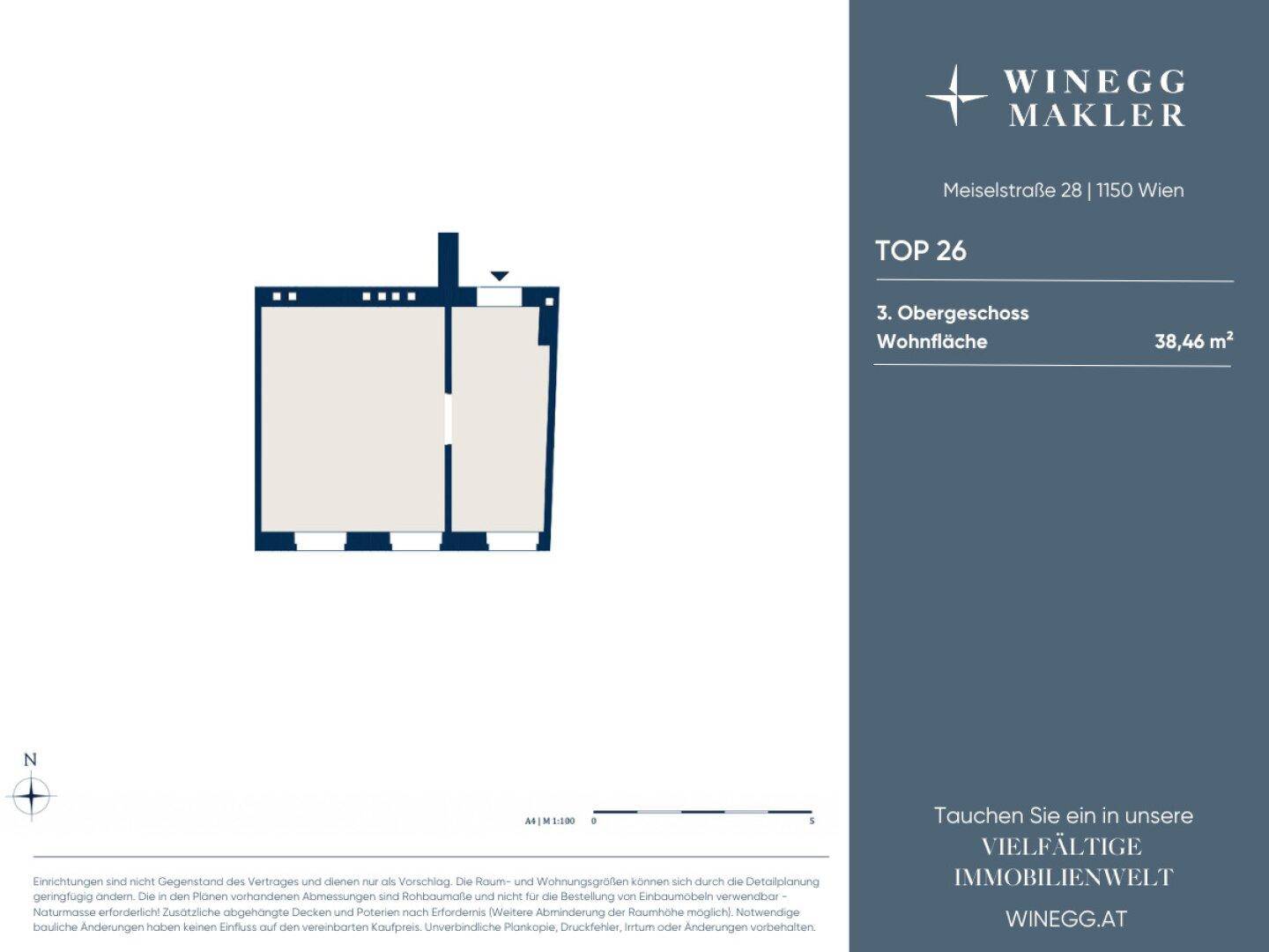Grundriss der Wohnung TOP 26 im dritten Obergeschoss mit einer Wohnfläche von 38,46 m².