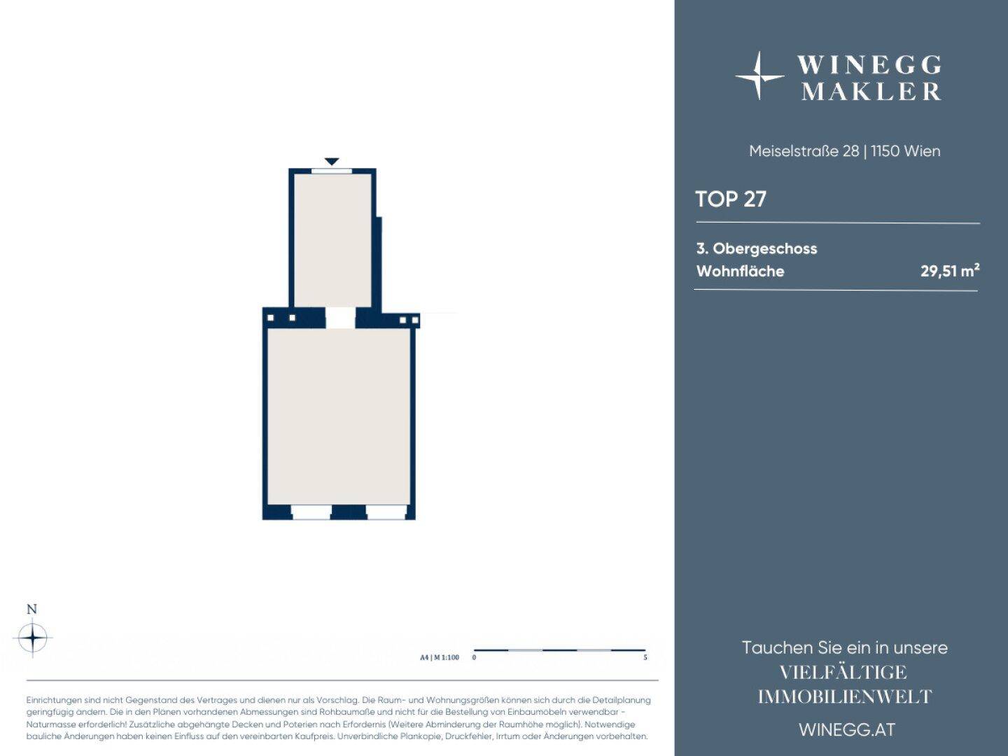 Grundriss für Top 27 im 3. Obergeschoss mit einer Wohnfläche von 29,51 m².