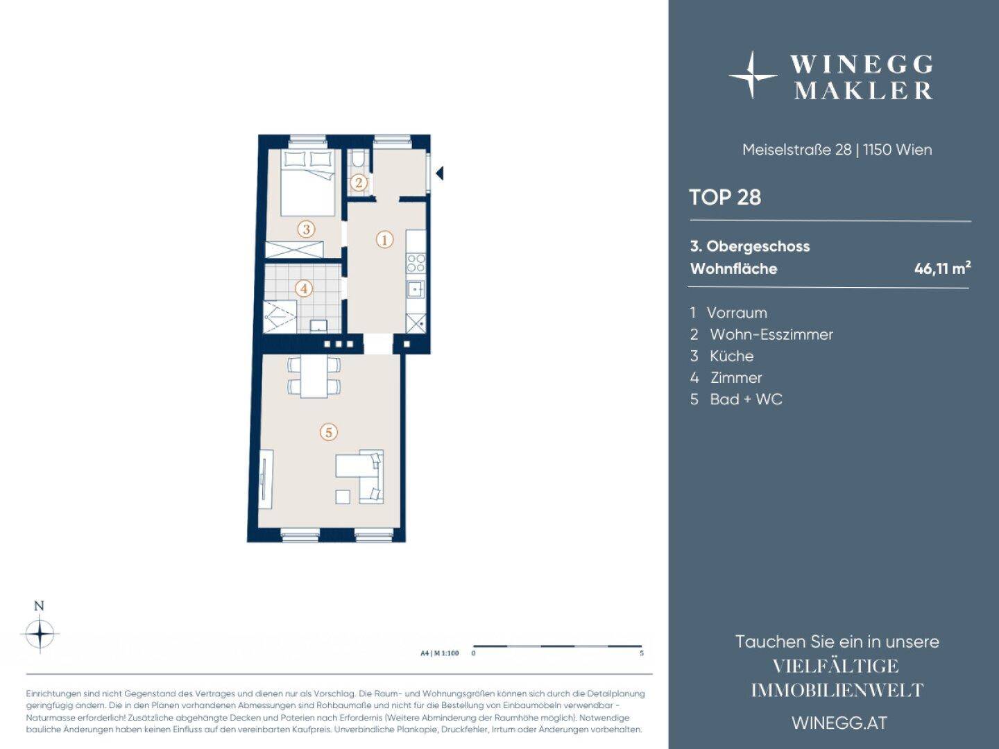 Grundriss der Wohnung Top 28 im 3. Obergeschoss mit 46,11 m² Wohnfläche.