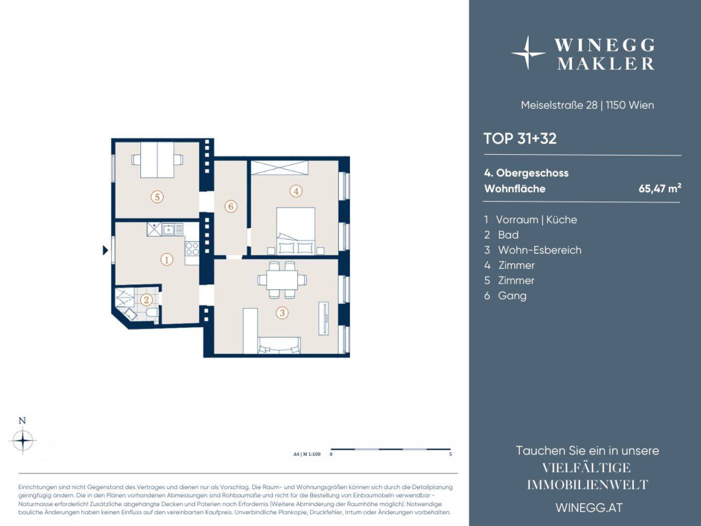 Detaillierter Grundriss der Wohnung Top 31+32 im 4. Obergeschoss mit einer Wohnfläche von 65,67 m².