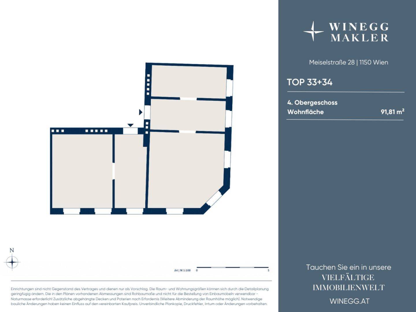 Grundriss des 4. Obergeschosses mit einer Wohnfläche von 91,81 m², bereit zur individuellen Gestaltung.