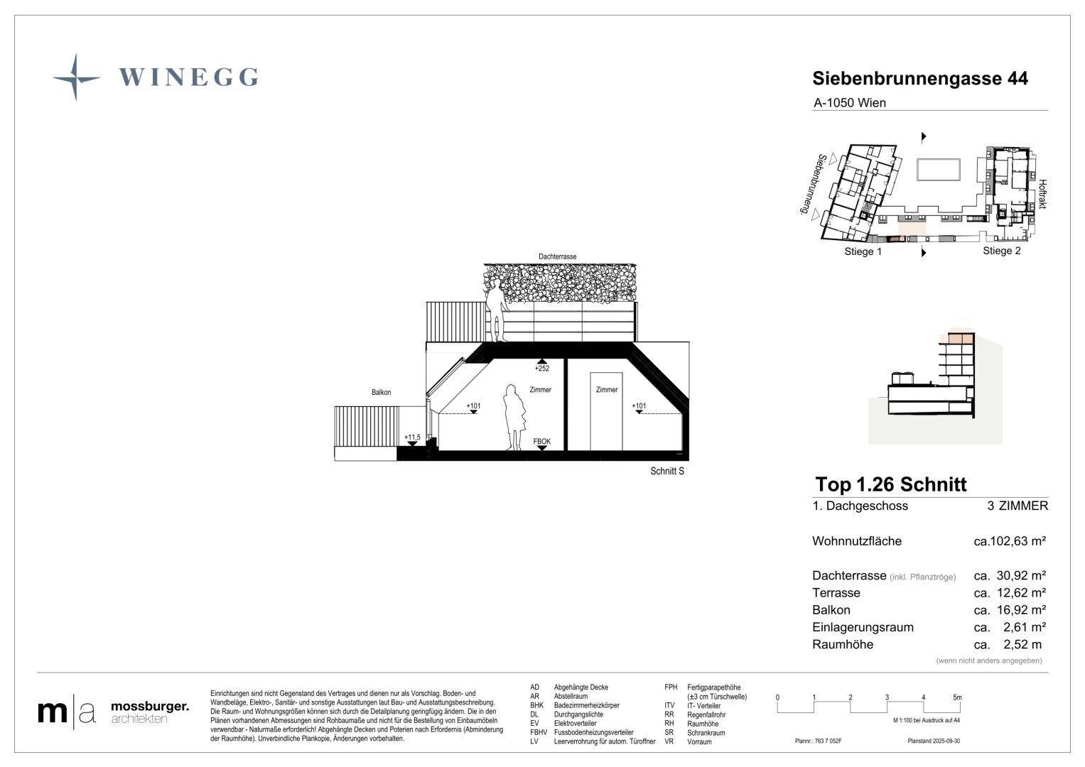 Schnittansicht der Wohnung Top 1.26, die die vertikale Struktur mit Balkon und Dachterrasse darstellt.