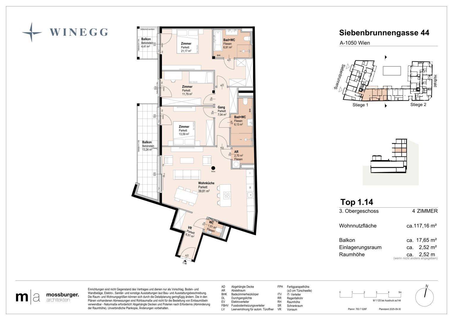 Detaillierter Grundriss einer Wohnung mit drei Zimmern, offener Wohnküche und zwei Balkonen.