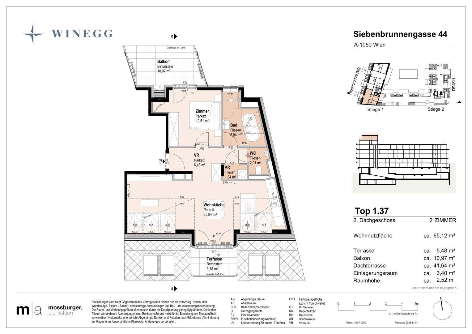 Detaillierter Grundriss einer Wohnung mit Wohnküche, Schlafzimmer, Bad, WC, Balkon und Terrasse.