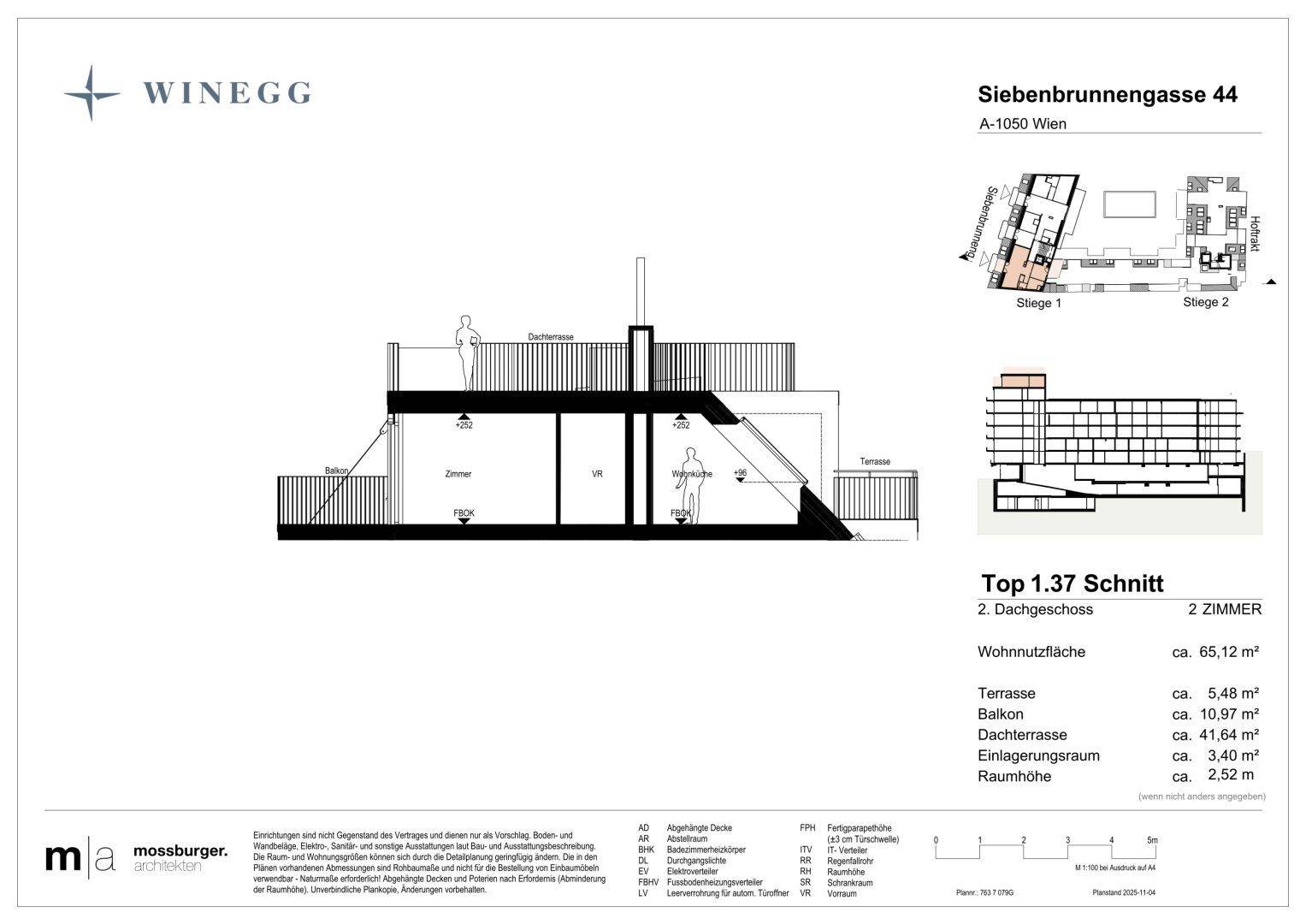 Schnittansicht der Wohnung, die die zweigeschossige Aufteilung und die Dachterrasse darstellt.