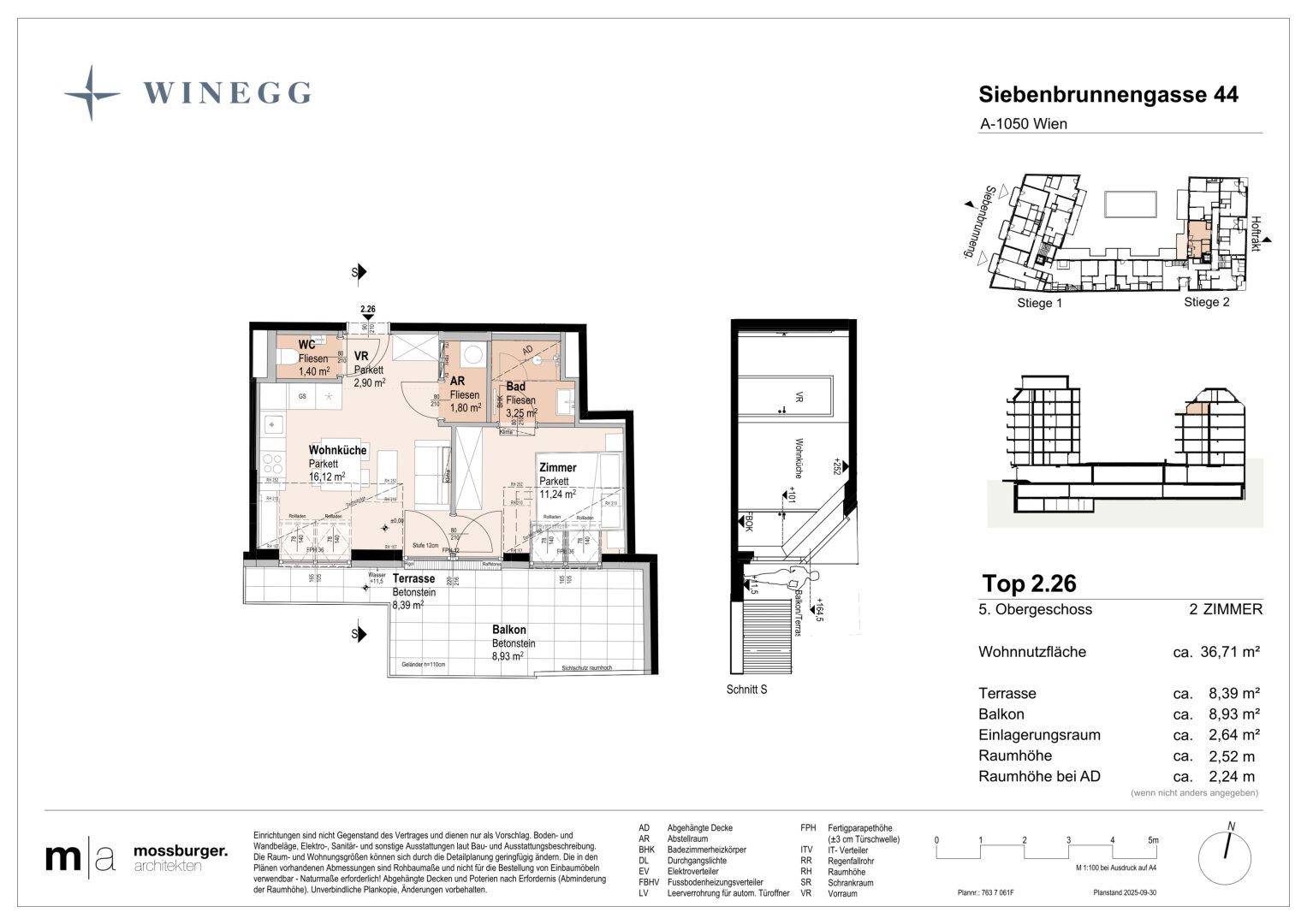 Grundriss einer 2-Zimmer-Wohnung im 5. Obergeschoss mit Terrasse und Balkon.