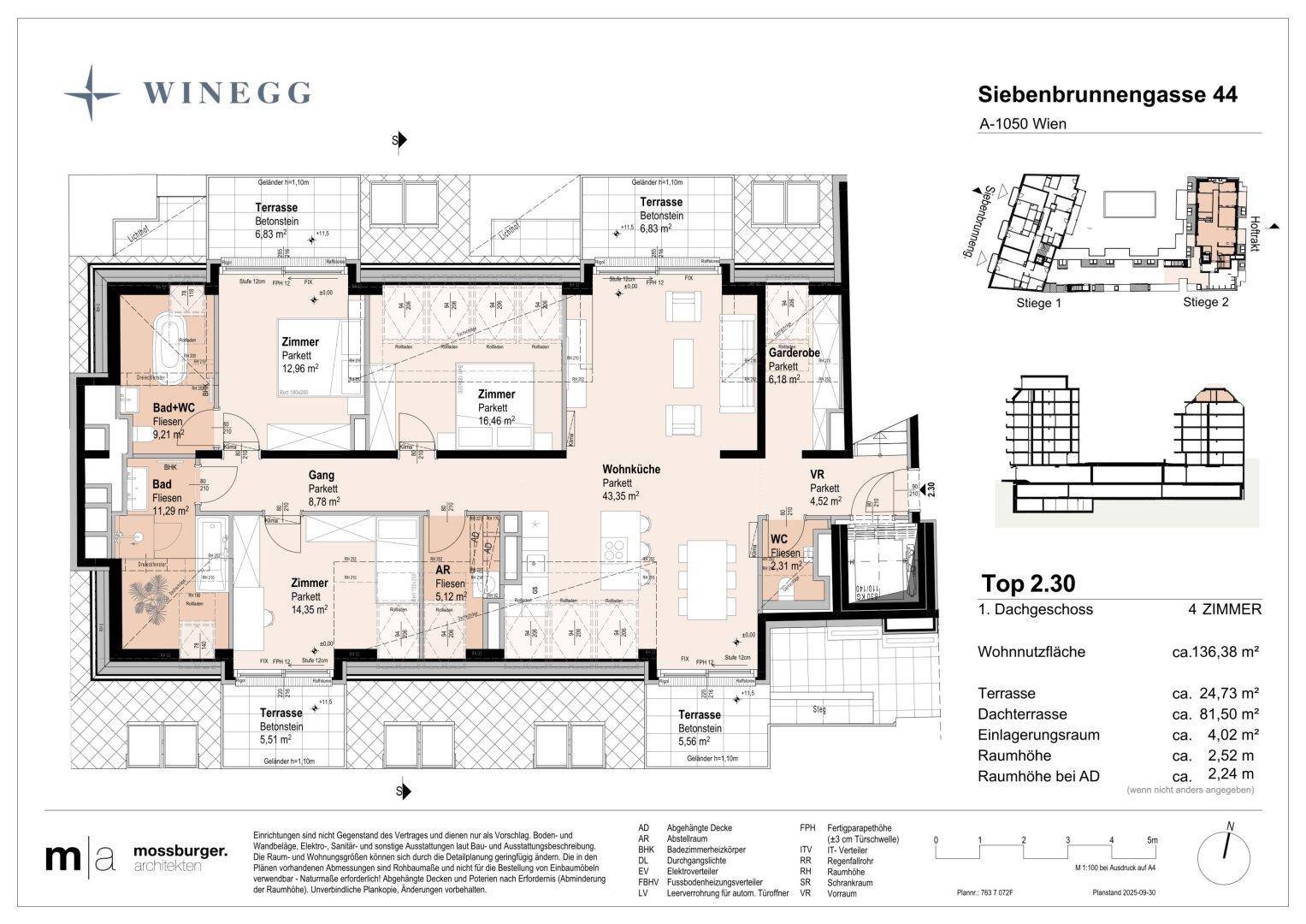 Detaillierter Grundriss einer 4-Zimmer-Wohnung mit Wohnküche und Terrassen.