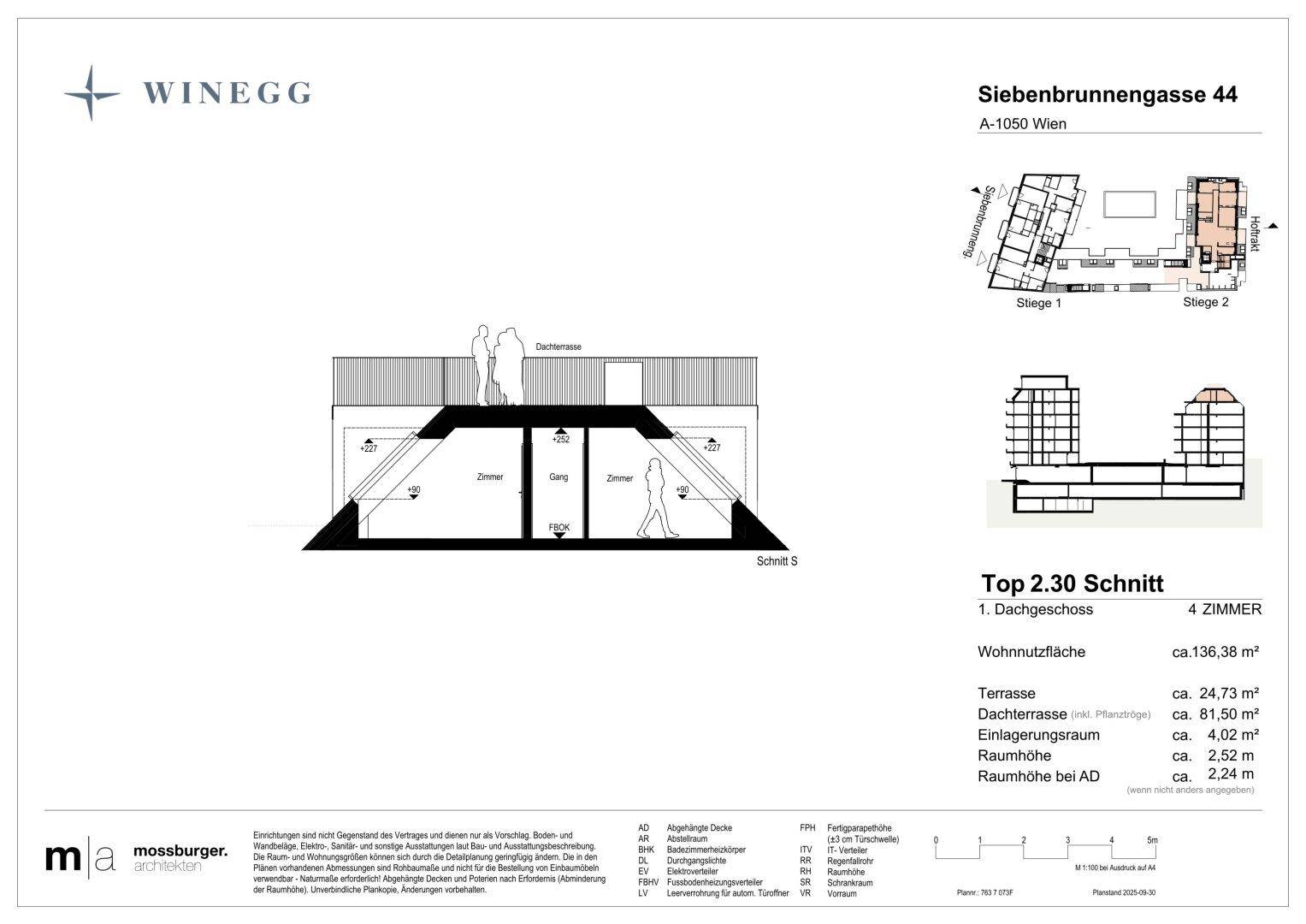 Schnittansicht des Gebäudes zeigt die Dachgeschosswohnung mit Terrassenzugang.