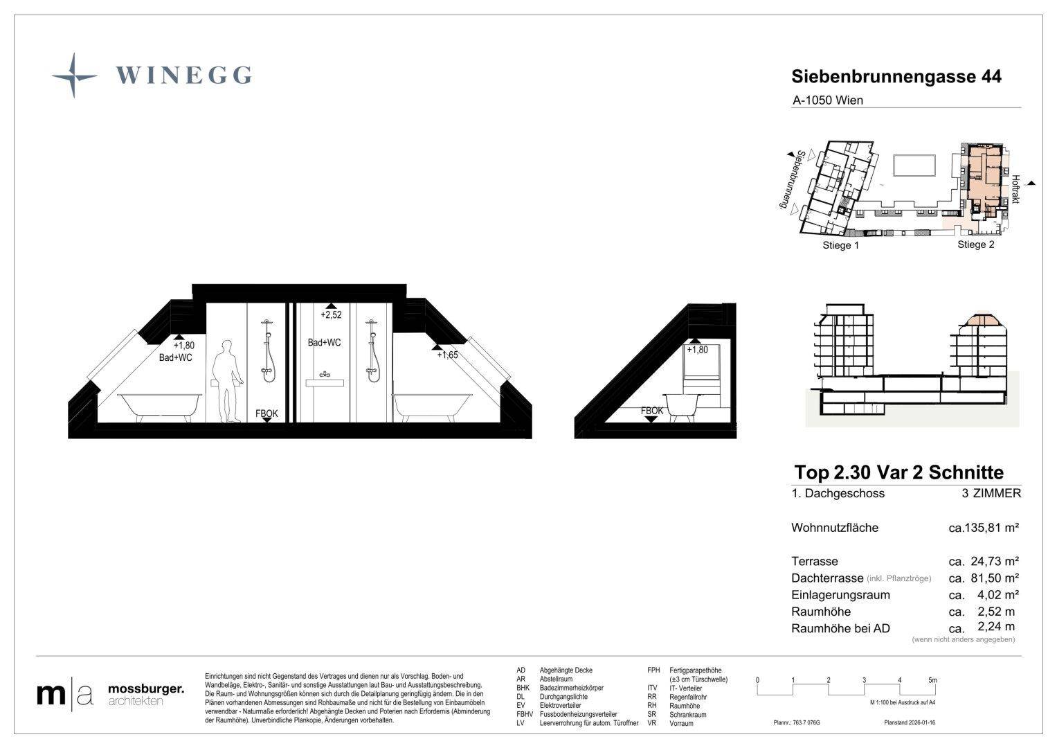 Architektonischer Schnitt durch das Badezimmer und einen weiteren Raum mit Dachschrägen.