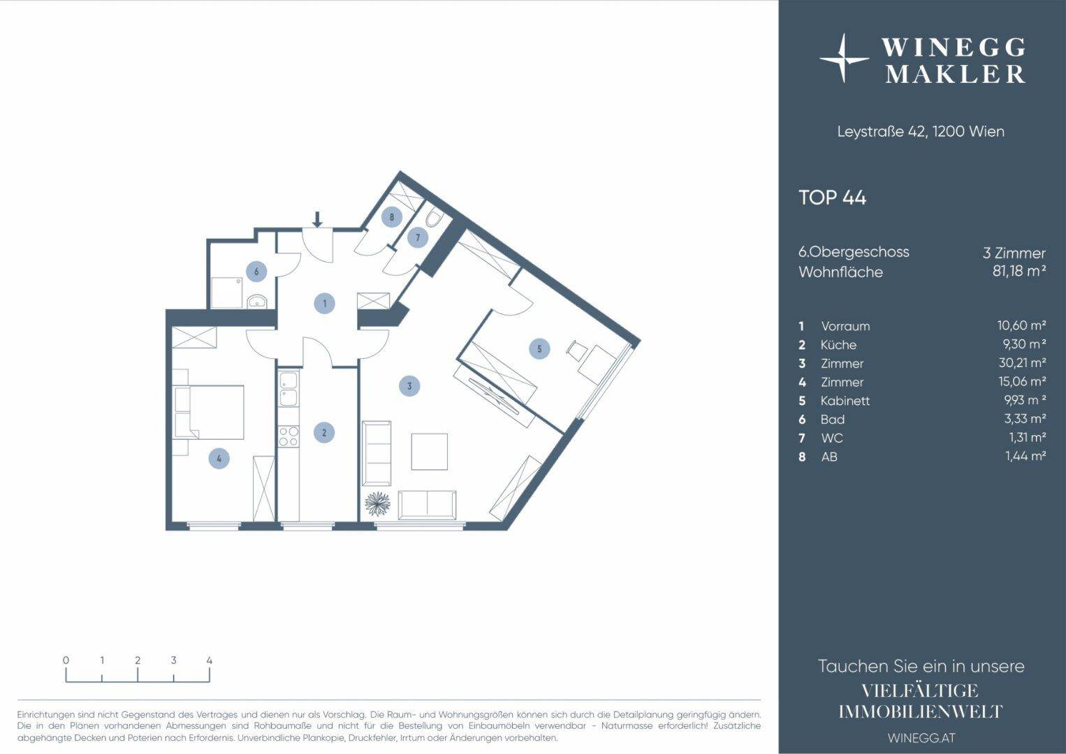 Grundriss der Wohnung Top 44 im 6. Obergeschoss mit drei Zimmern und 81,18 m² Wohnfläche.