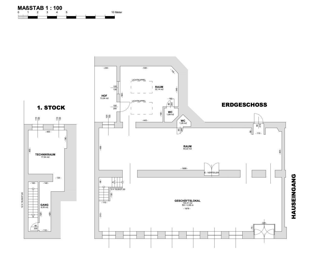 Grundriss des Erdgeschosses und ersten Stocks eines Geschäftslokals mit Technikraum und Toiletten.