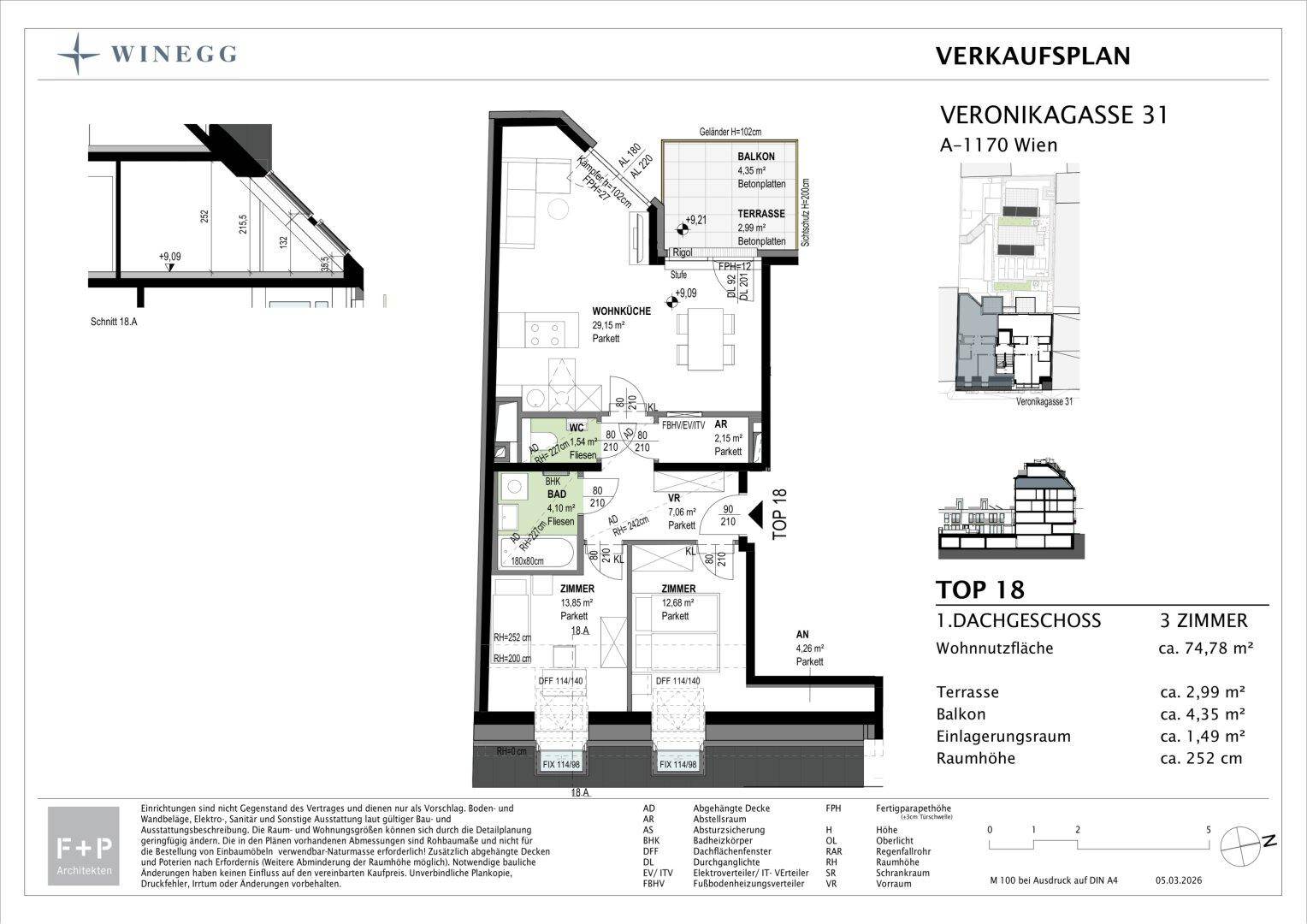 Detaillierter Verkaufsplan einer Dachgeschosswohnung mit drei Zimmern, Balkon und Terrasse.