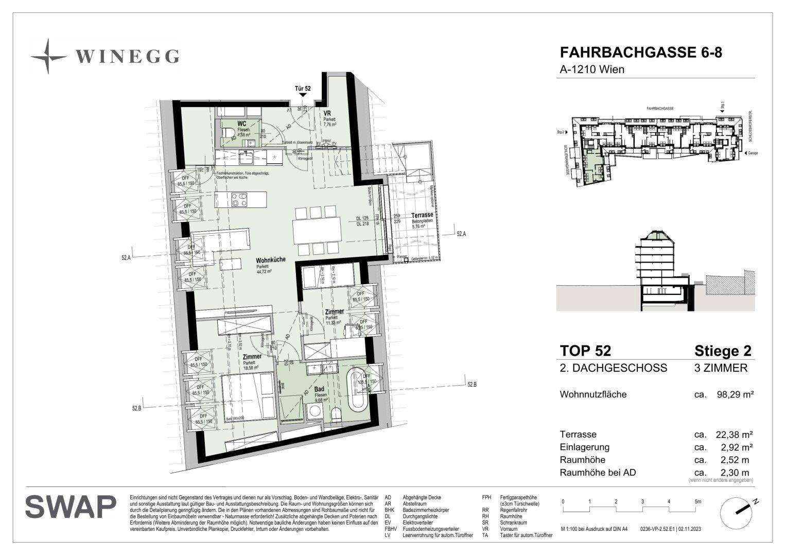 Grundriss des 2. Dachgeschosses mit 3 Zimmern und einer Wohnnutzfläche von 98,29 m².