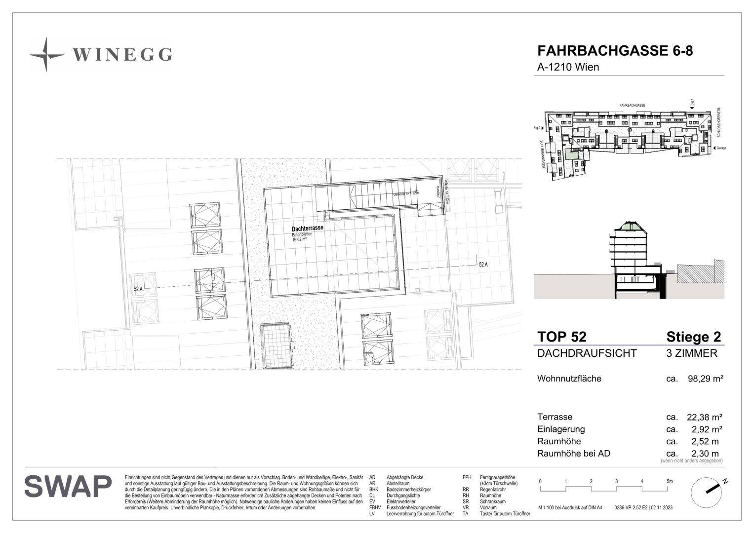 Dachaufsicht des Grundrisses TOP 52 mit der Dachterrasse und umliegenden Dachflächen.