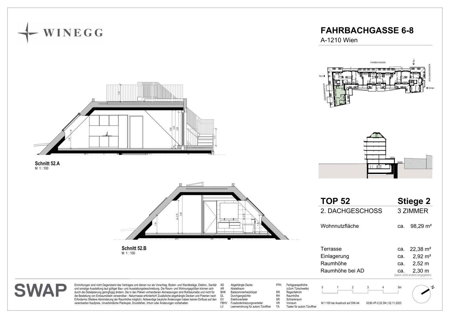 Architektonische Schnitte des Gebäudes zeigen die Dachkonstruktion und die Raumhöhen.