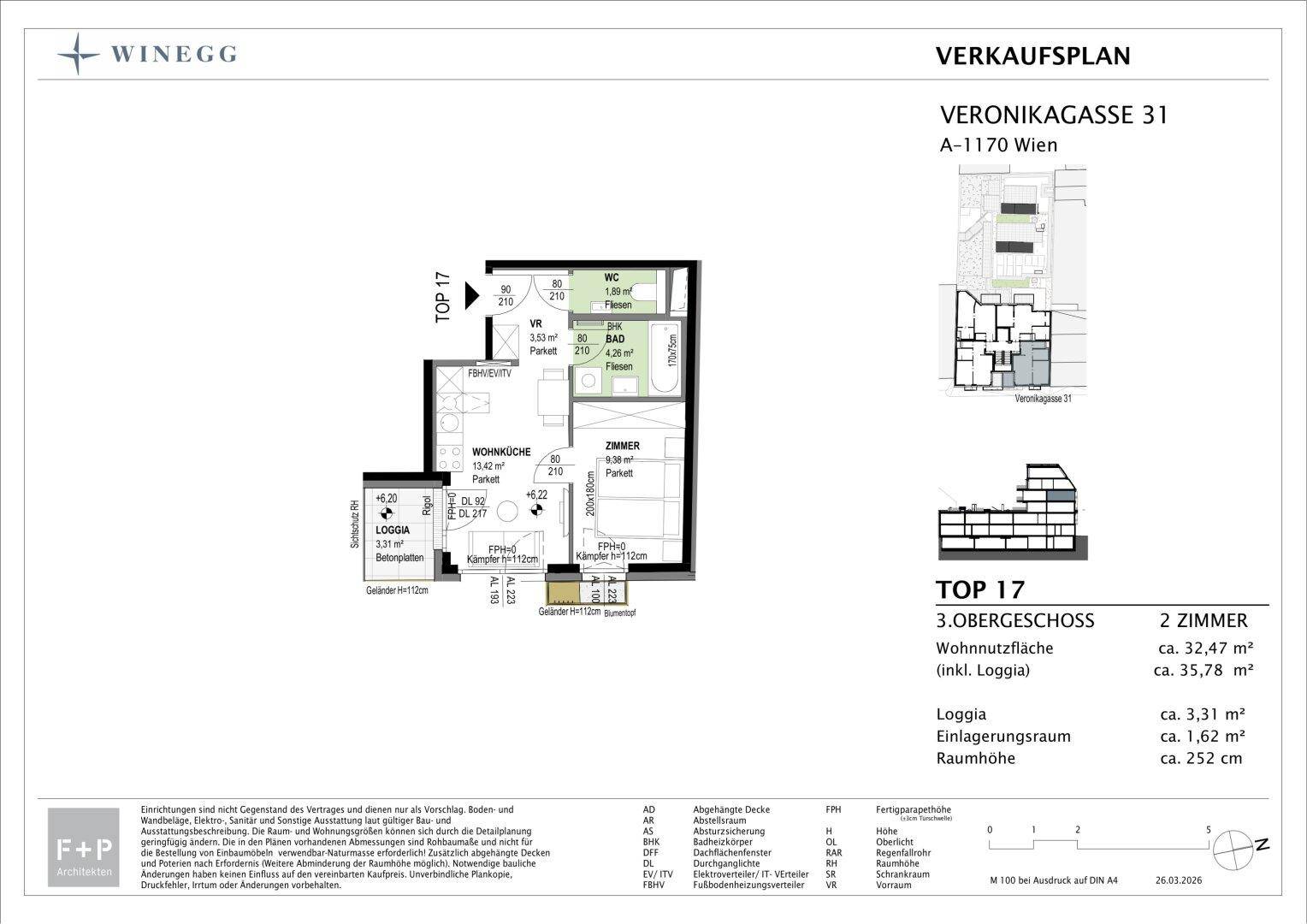Detaillierter Grundriss der Wohnung Top 17 im 3. Obergeschoss mit Loggia.