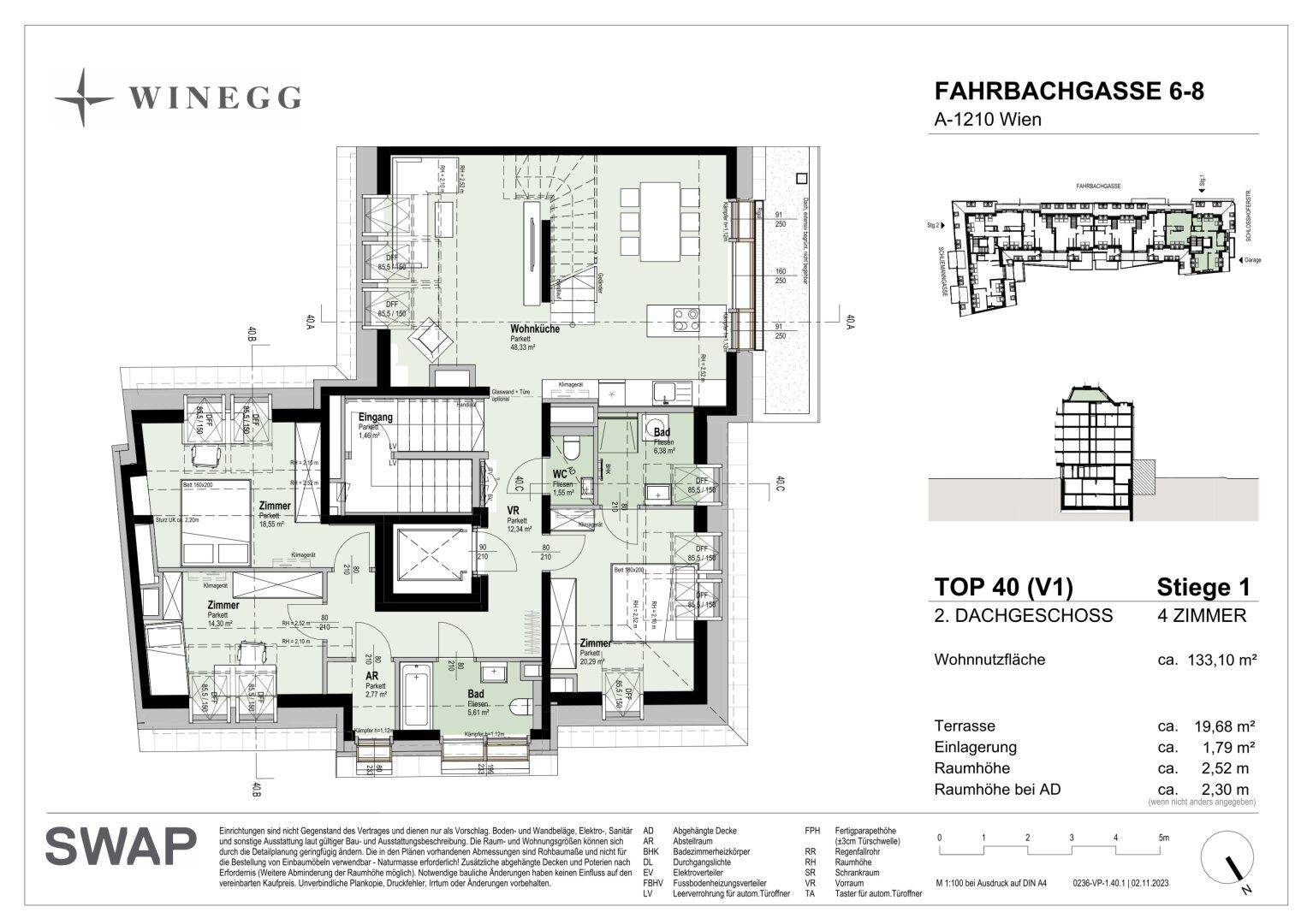 Grundriss des 2. Dachgeschosses mit Wohnbereich, Küche, Schlafzimmern und einer Terrasse.