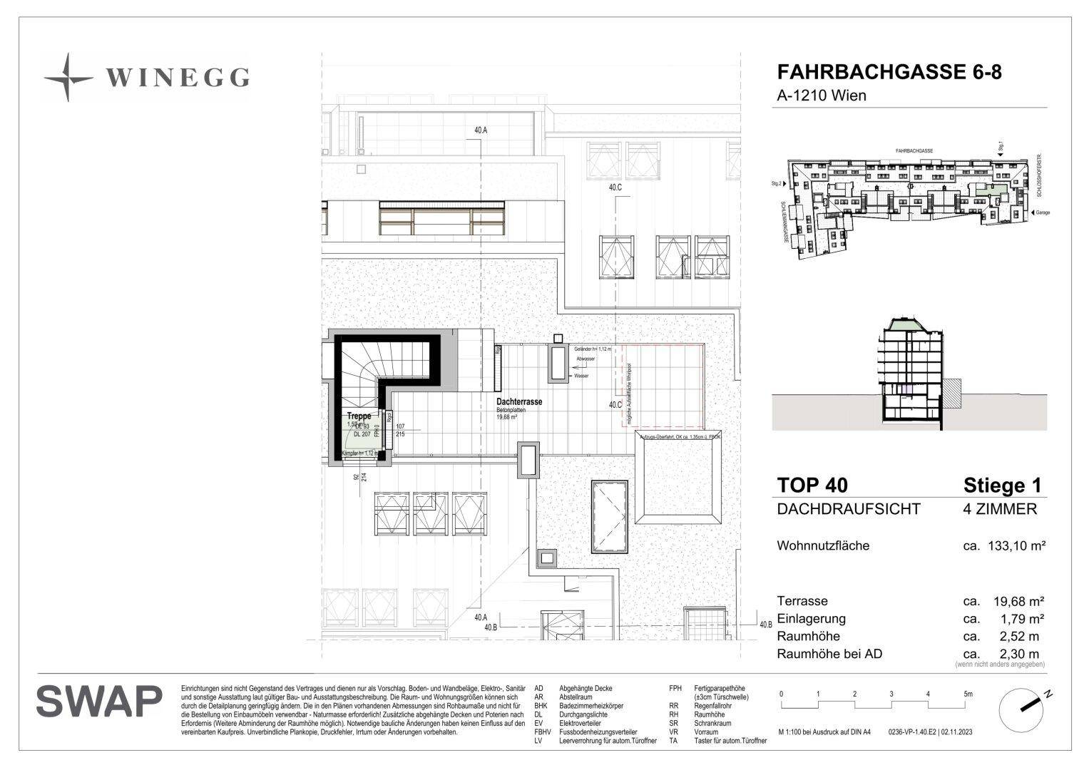 Dachaufsicht des Gebäudes mit der Dachterrasse und den Dachfenstern.