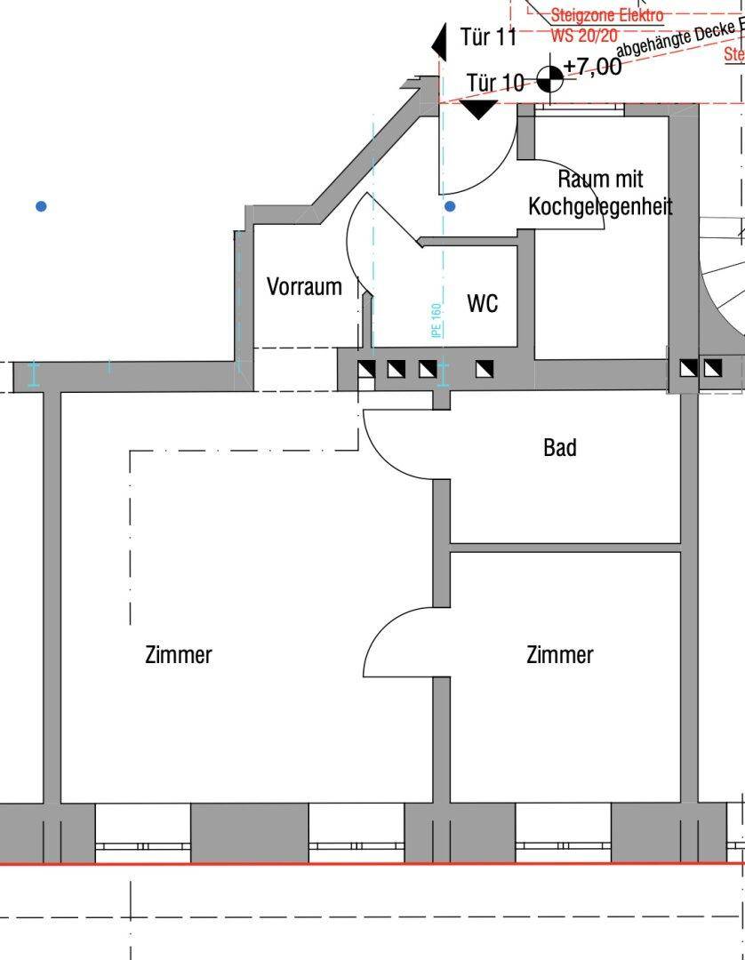 Grundriss einer Wohnung mit Vorraum, WC, Bad und zwei Zimmern.