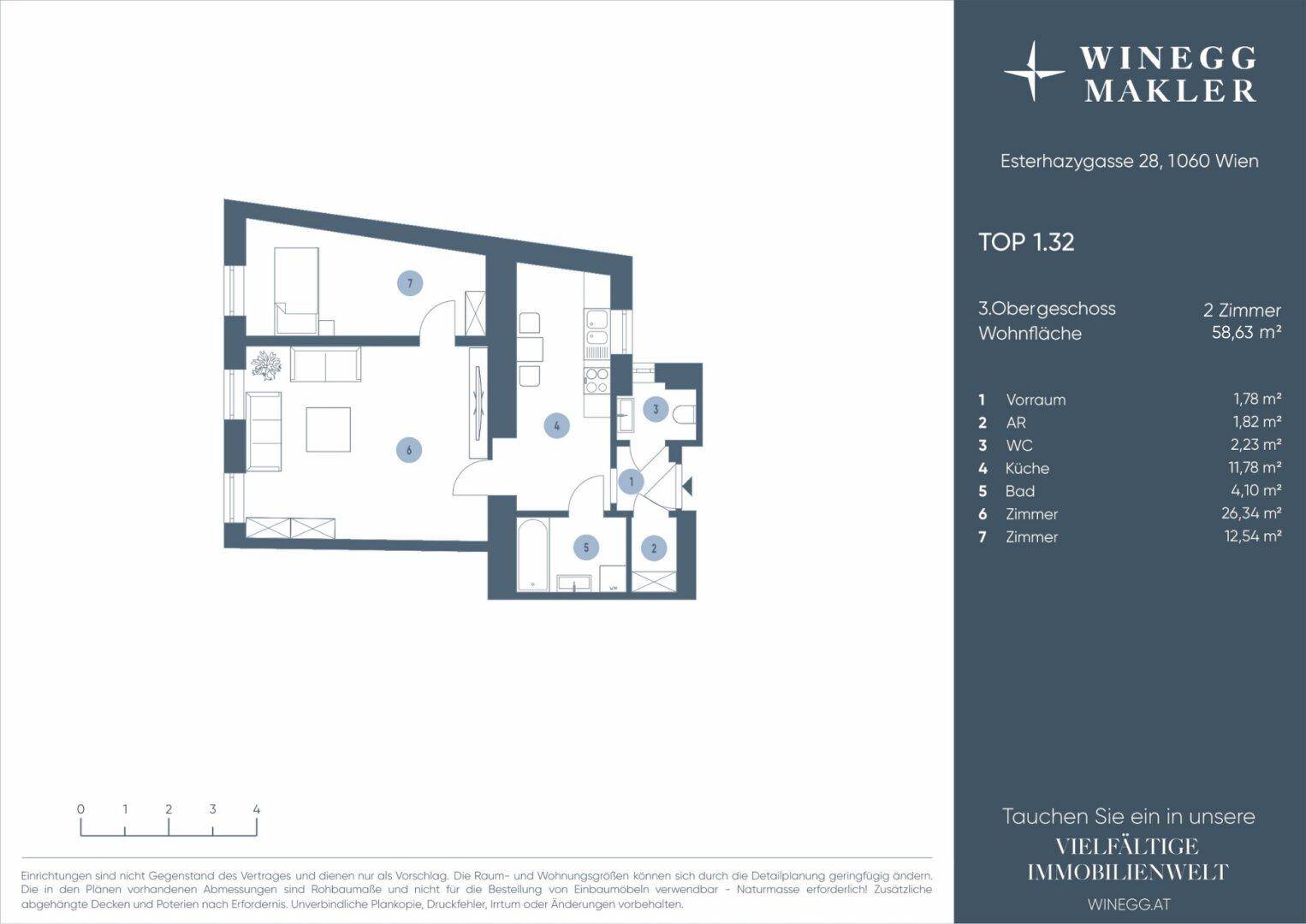 Grundriss der Wohnung Top 1.32 im 3. Obergeschoss mit 58,63 m² Wohnfläche.