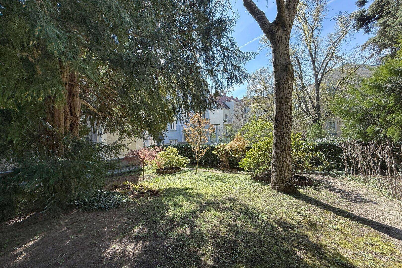 Sonnige Gartenfläche mit Rasen, Bäumen und Sträuchern, umgeben von weiteren Gebäuden in ruhiger Lage.