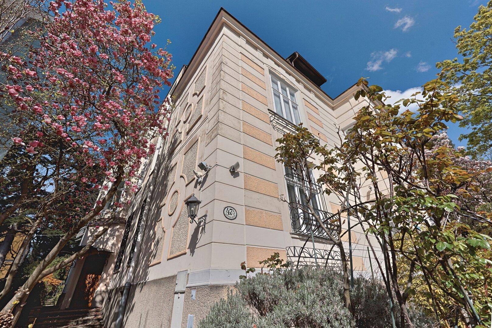 Elegante Fassade eines historischen Gebäudes mit dekorativen Elementen und blühenden Bäumen im Vordergrund.