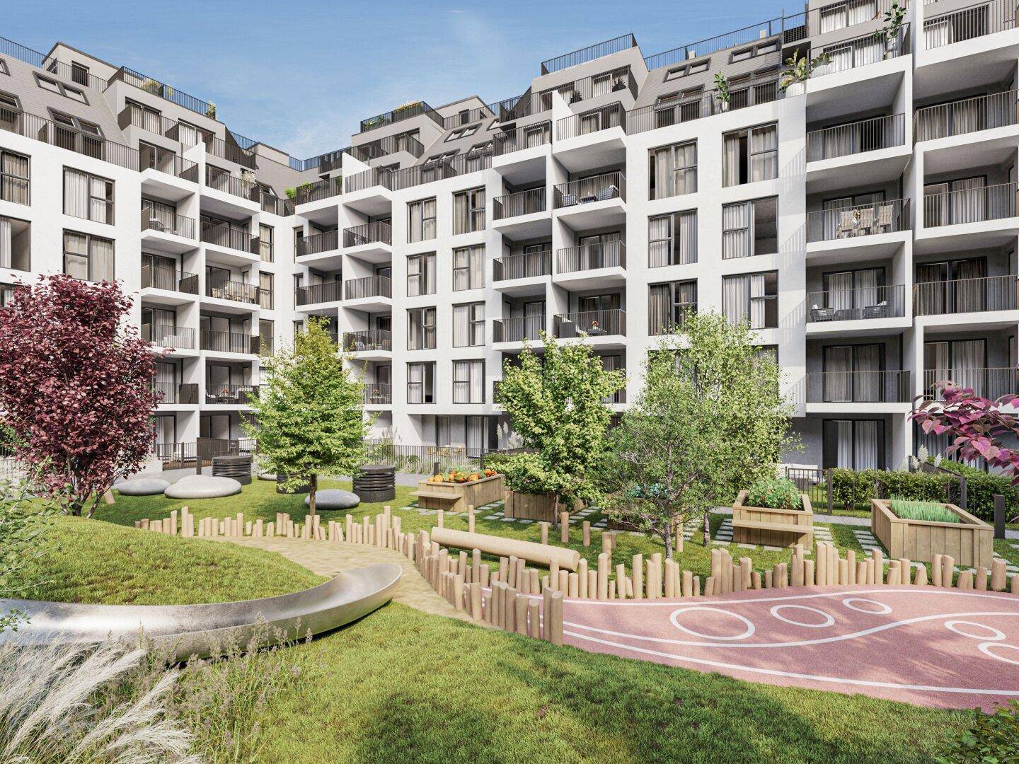 Grüner Innenhof eines modernen Wohnkomplexes mit Spielbereich, Hochbeeten und zahlreichen Balkonen.