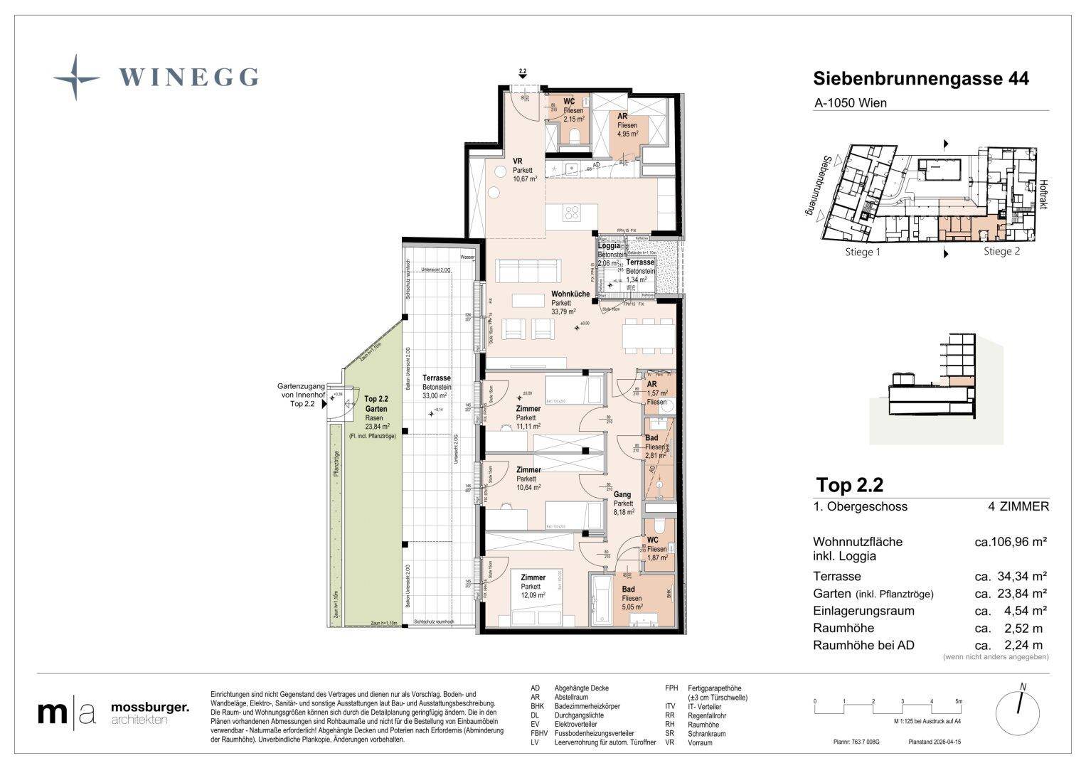 Grundrissplan einer 4-Zimmer-Wohnung im ersten Obergeschoss mit offener Wohnküche, Terrasse, Loggia und Garten.