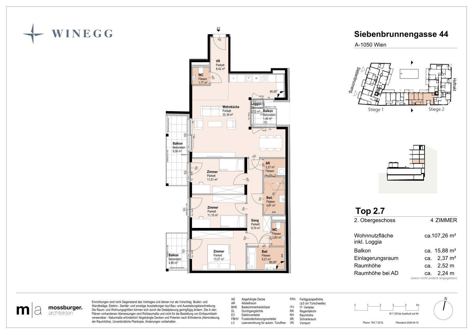 Detaillierter Grundriss einer 4-Zimmer-Wohnung mit offener Wohnküche, zwei Bädern, separatem WC und mehreren Balkonen sowie einer Loggia.