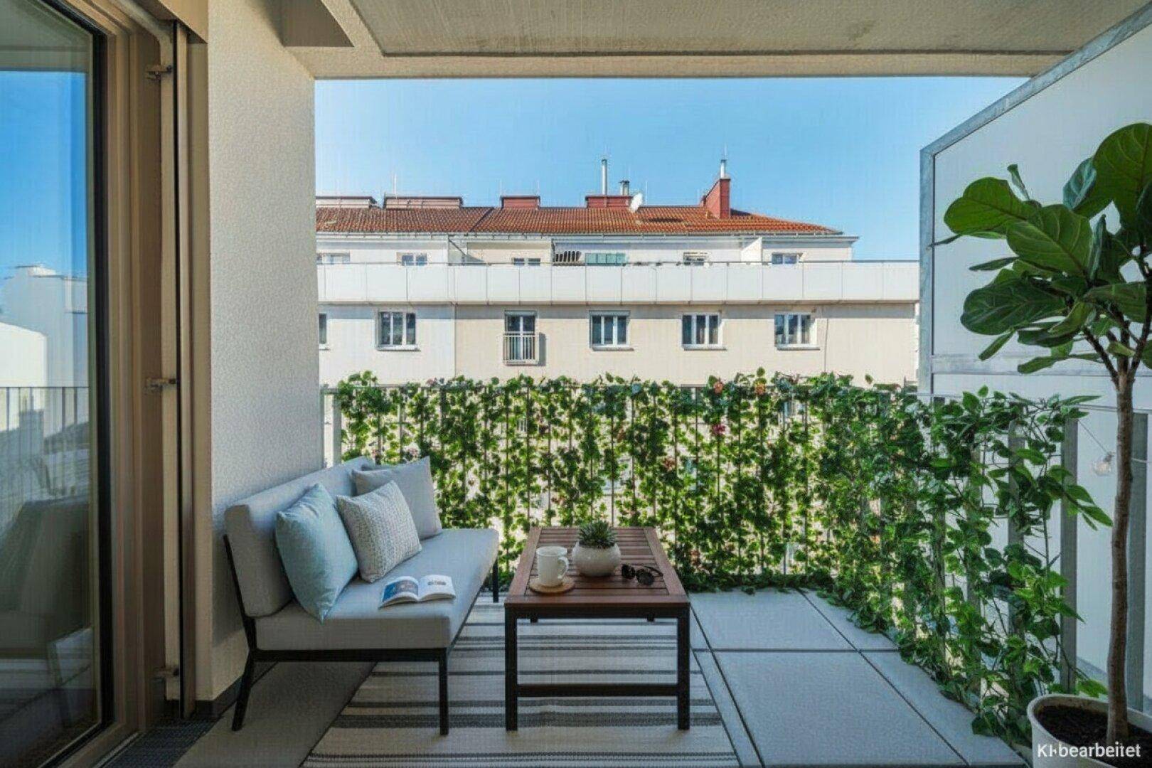 Gemütlicher Balkon mit Sitzgelegenheiten und grüner Wandbegrünung, ideal zum Entspannen im Freien.