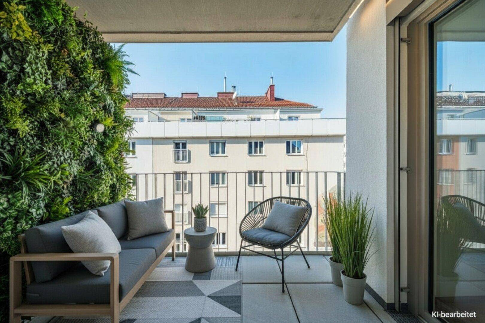 Moderner Balkon mit vertikalem Garten, bequemen Outdoor-Möbeln und Blick auf umliegende Gebäude.