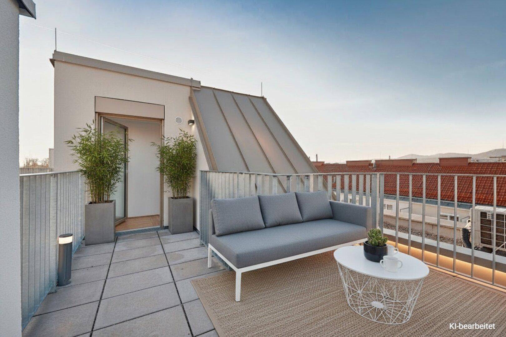 Moderne Dachterrasse mit bequemen Loungemöbeln, Pflanzen und weitem Blick über die Dächer der Stadt.