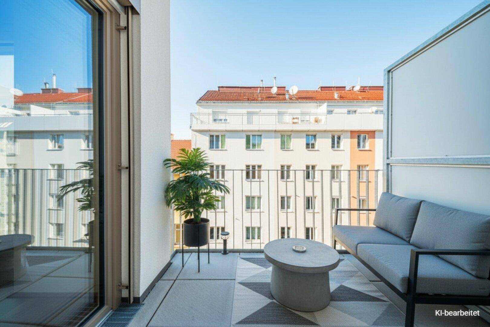 Möblierter Balkon mit bequemen Sitzgelegenheiten und Pflanzen, ideal zum Entspannen.