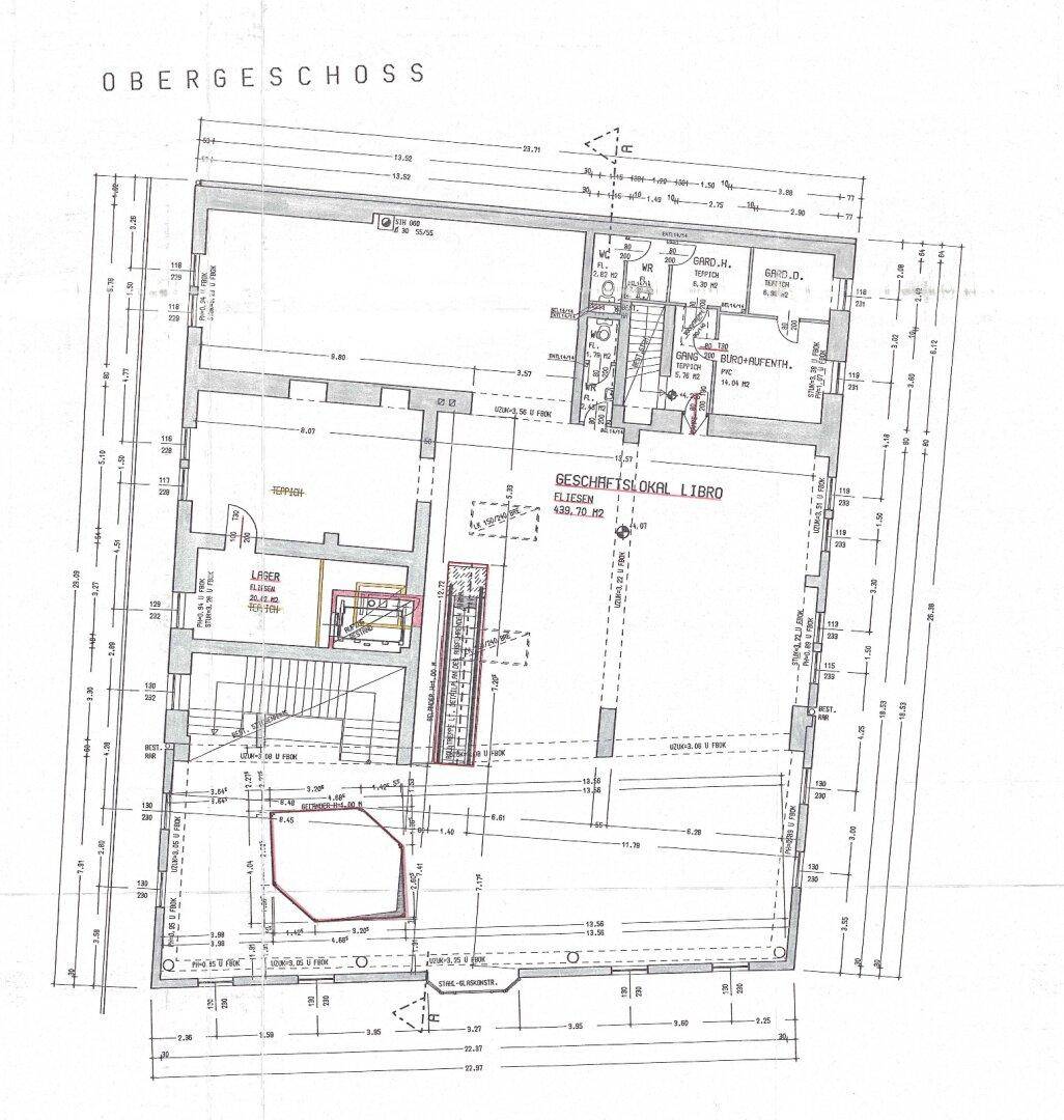 Grundriss des Obergeschosses mit Verkaufsflächen, Lager und Zugang zum Treppenhaus.