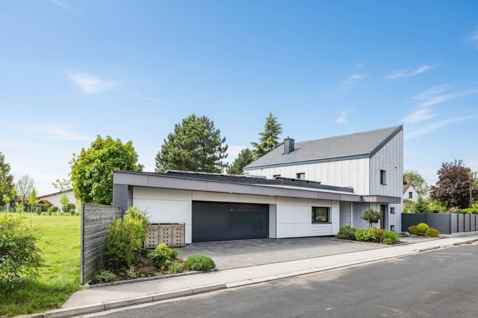 Moderne Hausfassade mit integrierter Garage und gepflegter Auffahrt.