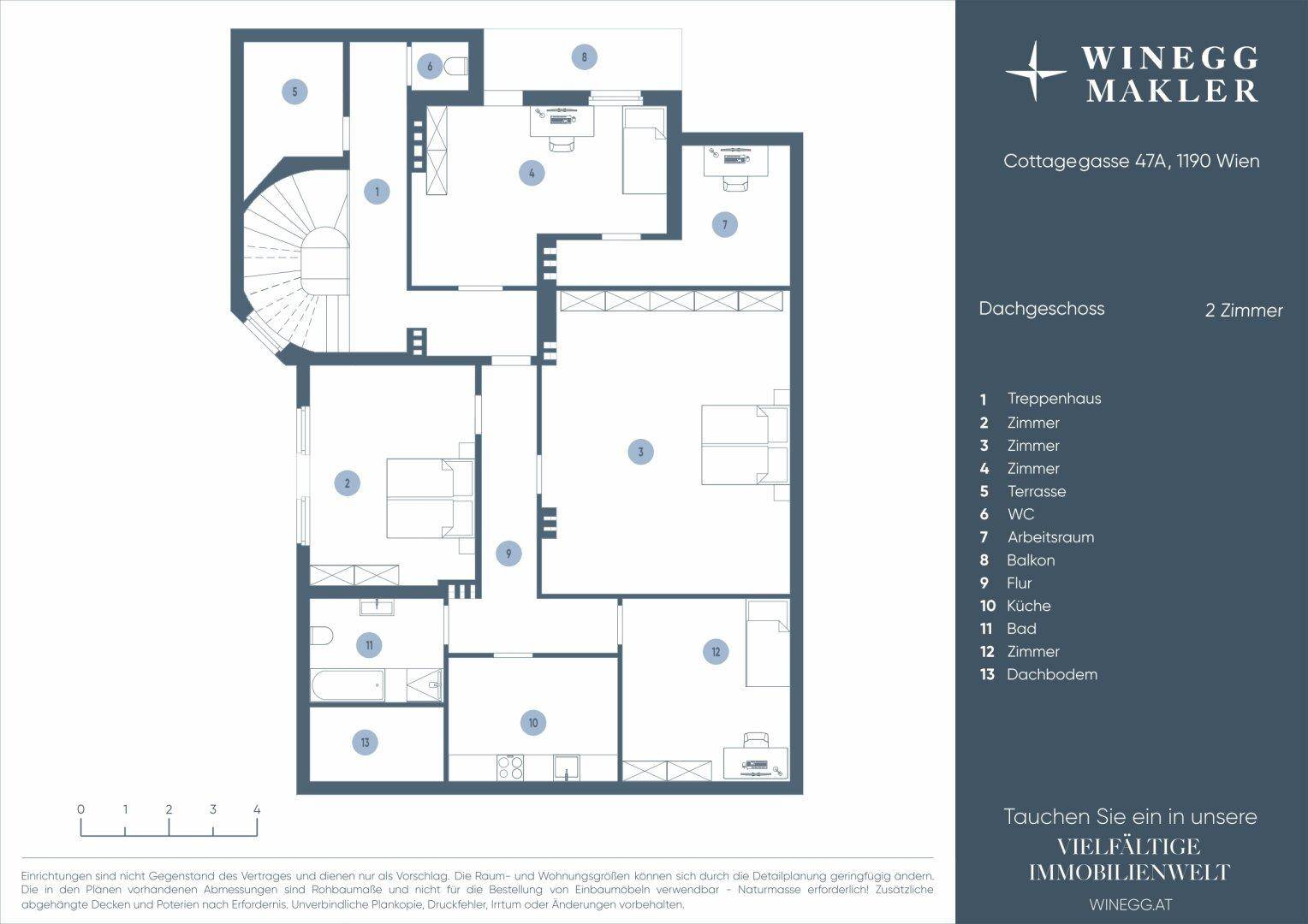 Grundriss des Dachgeschosses mit Zimmern, Arbeitsraum, Bad, Küche, Terrasse und Balkon.