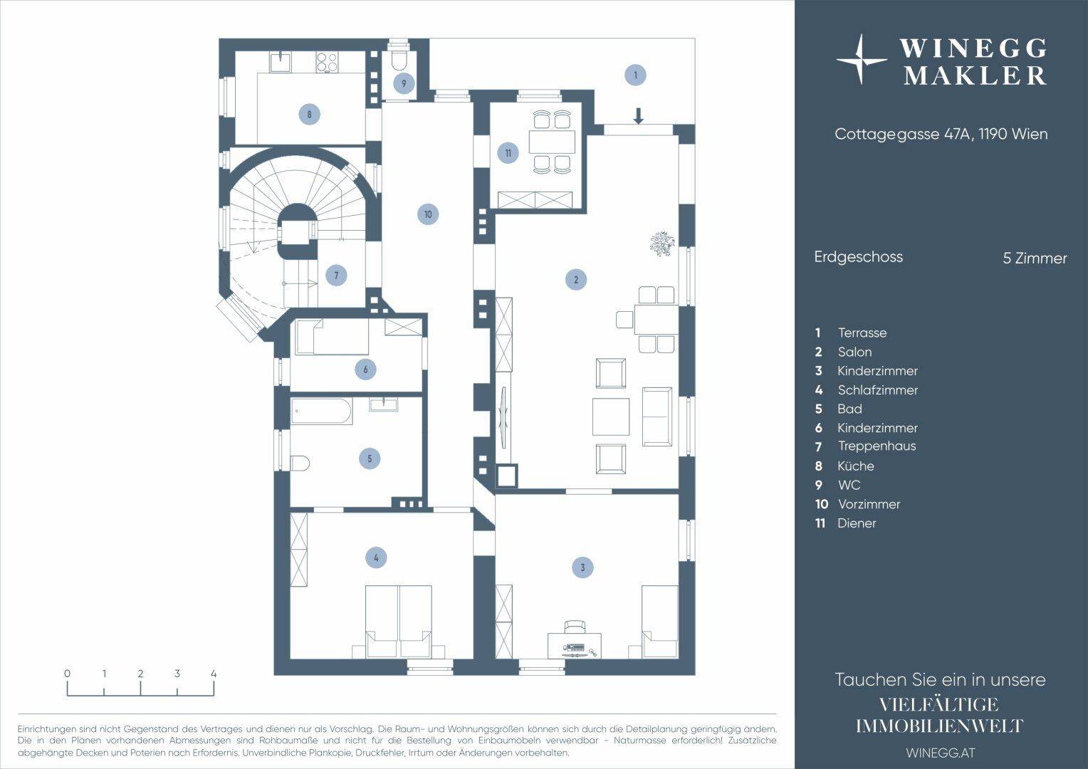 Grundriss des Erdgeschosses mit Terrasse, Salon, Kinderzimmern, Bad und separatem WC.