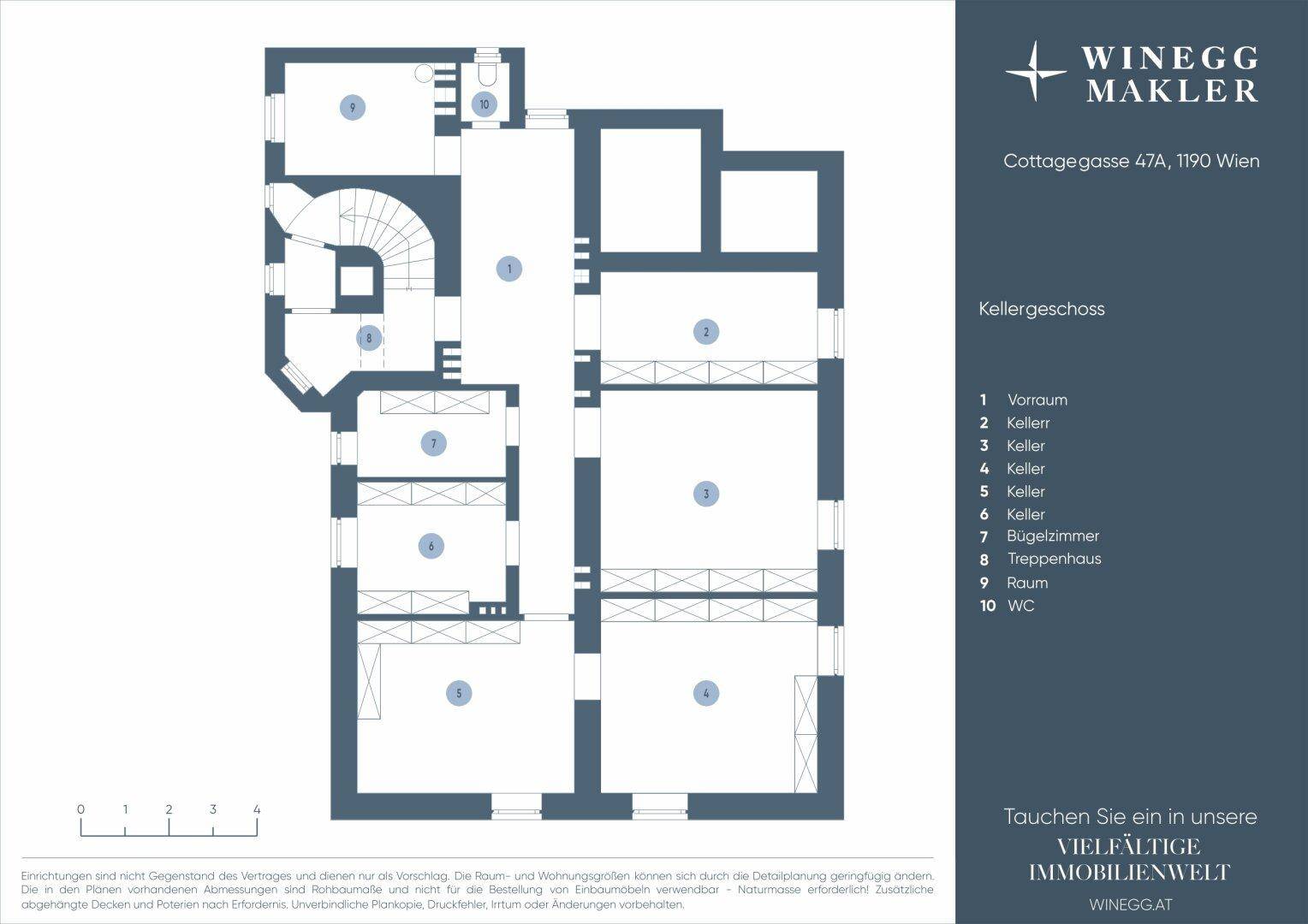 Grundriss des Kellergeschosses mit mehreren Kellerräumen, Bügelzimmer und separatem WC.