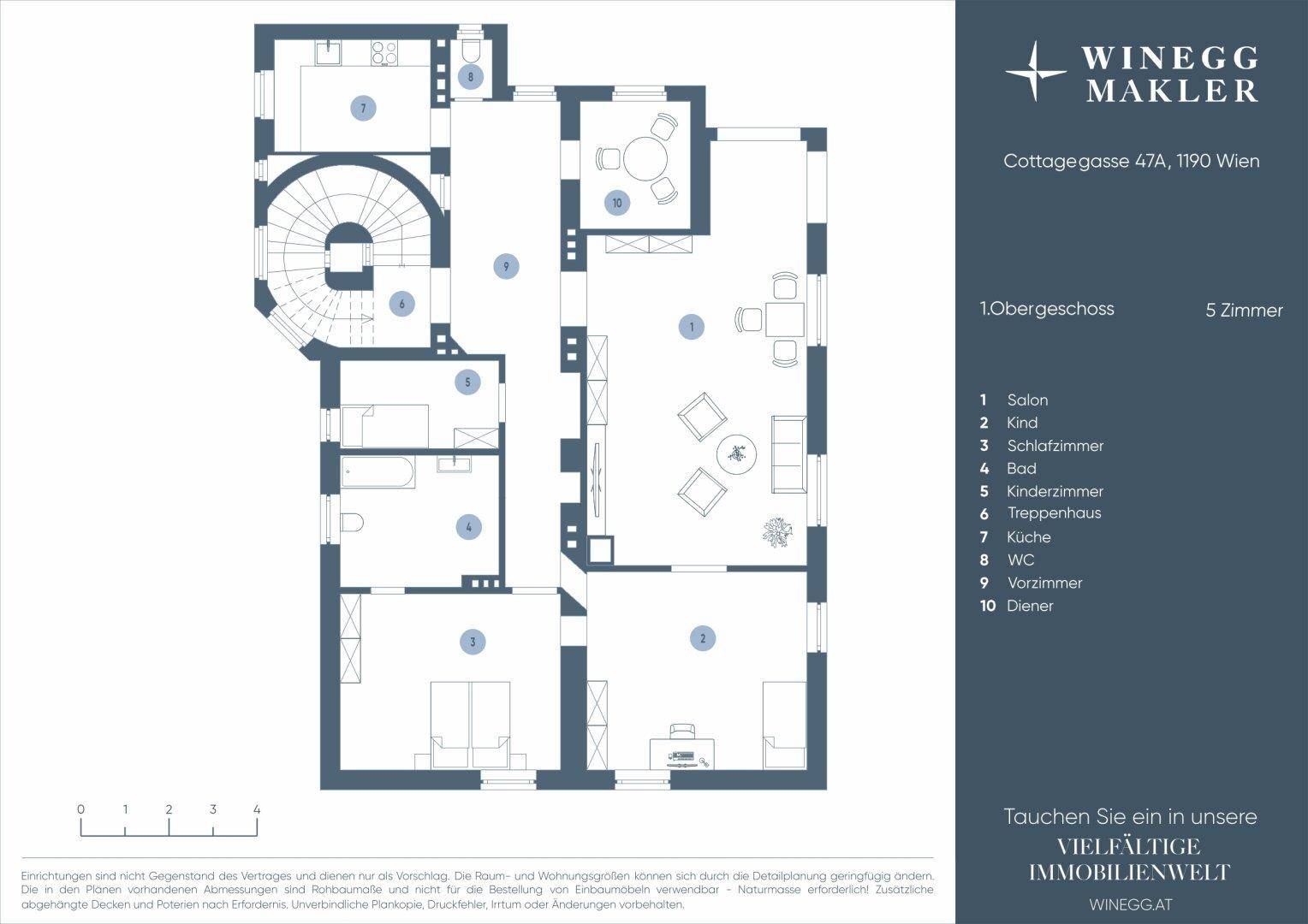 Grundriss des ersten Obergeschosses mit Salon, Schlafzimmern, Bad, Küche und Balkon.