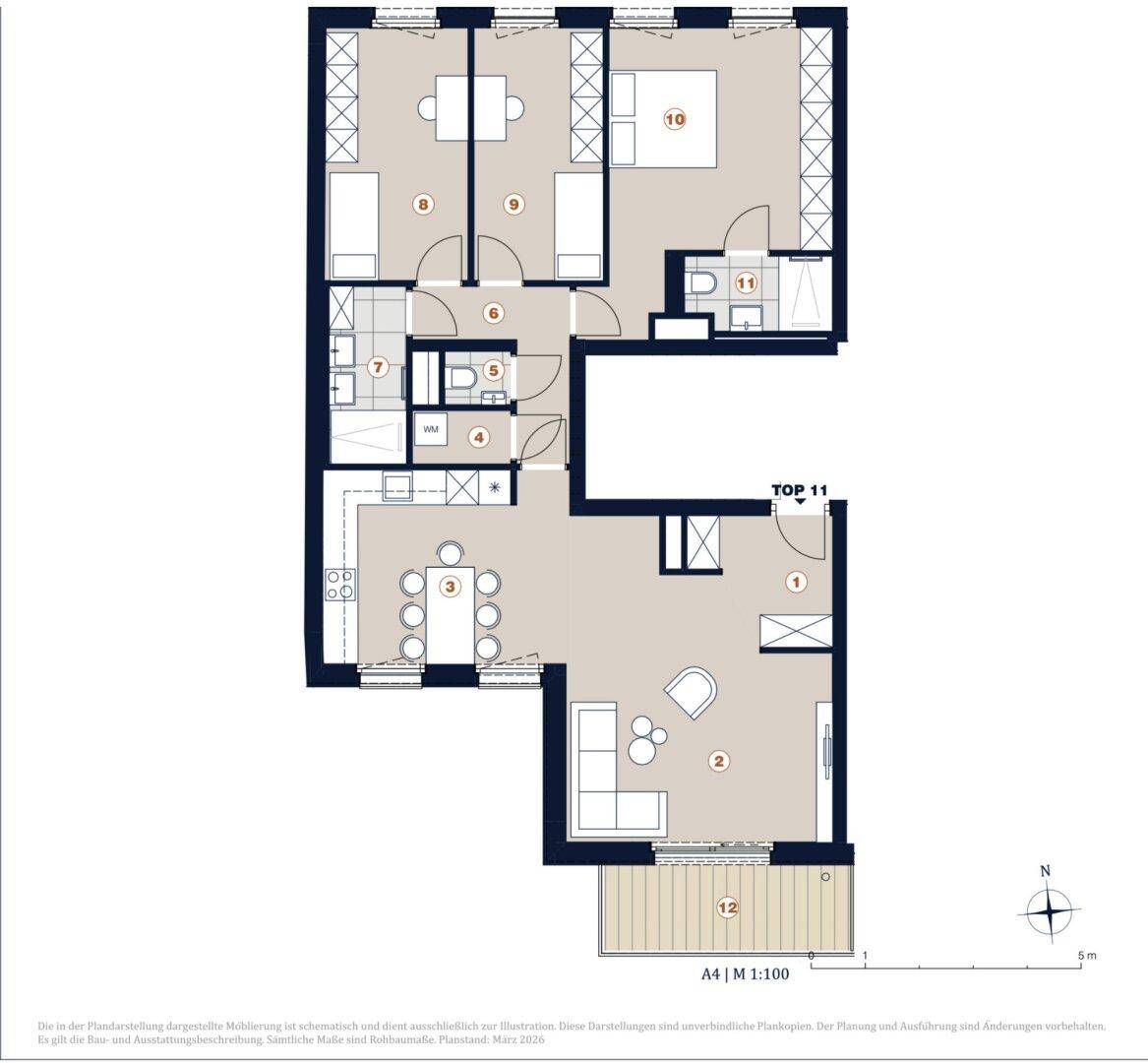 Detaillierter Grundriss einer Wohnung mit offenem Wohnbereich und Balkonzugang.