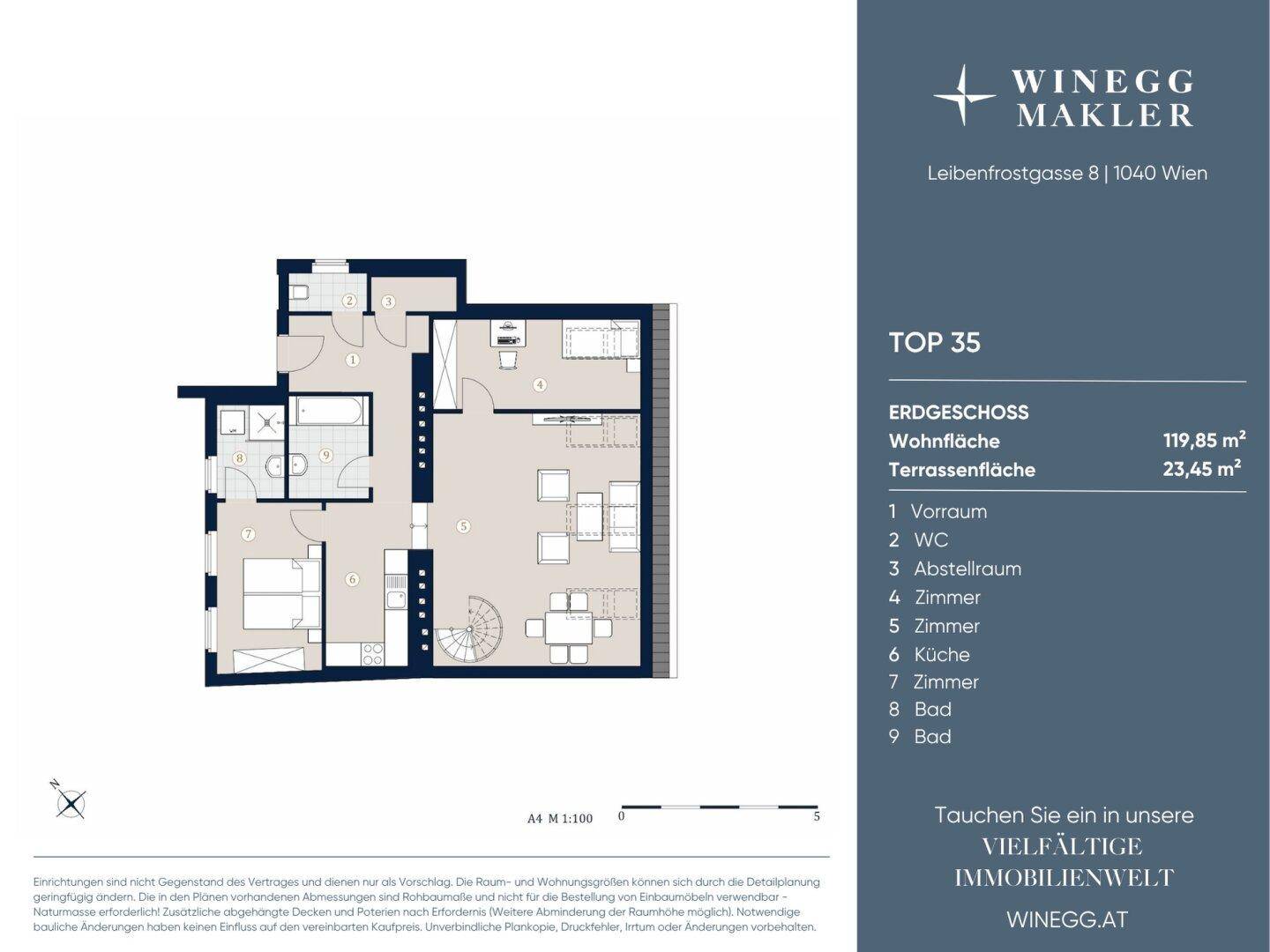 Grundriss des Erdgeschosses von Top 35 mit Wohnfläche und Terrassenfläche.