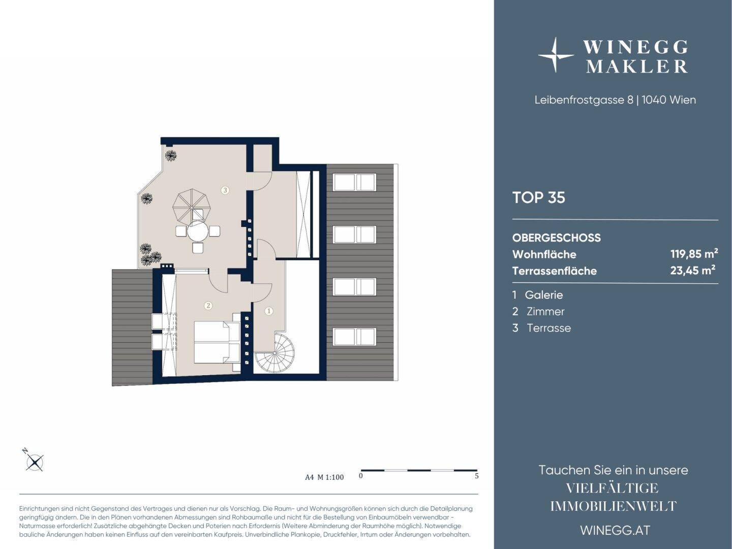 Grundriss des Obergeschosses von Top 35 mit Galerie, Zimmern und Terrassenfläche.