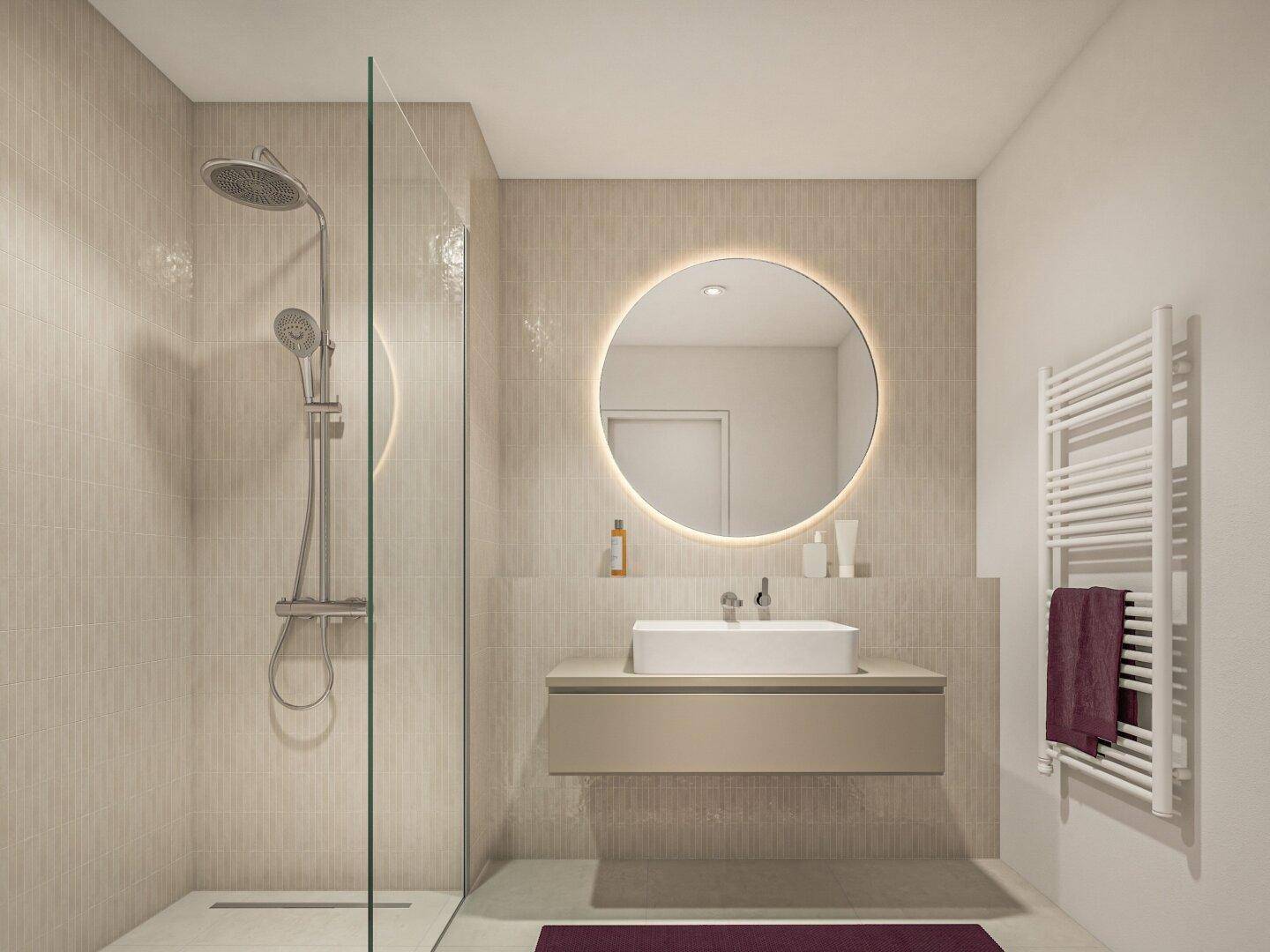 Modernes Badezimmer mit begehbarer Dusche, beleuchtetem Spiegel und beheiztem Handtuchhalter.