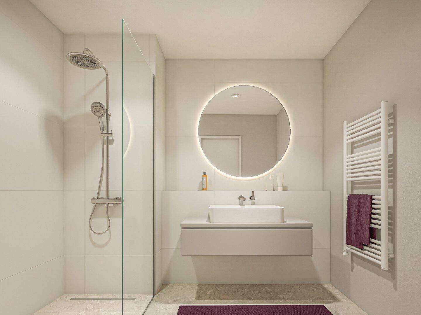 Modernes Badezimmer mit begehbarer Dusche, beleuchtetem Spiegel und Handtuchheizkörper.