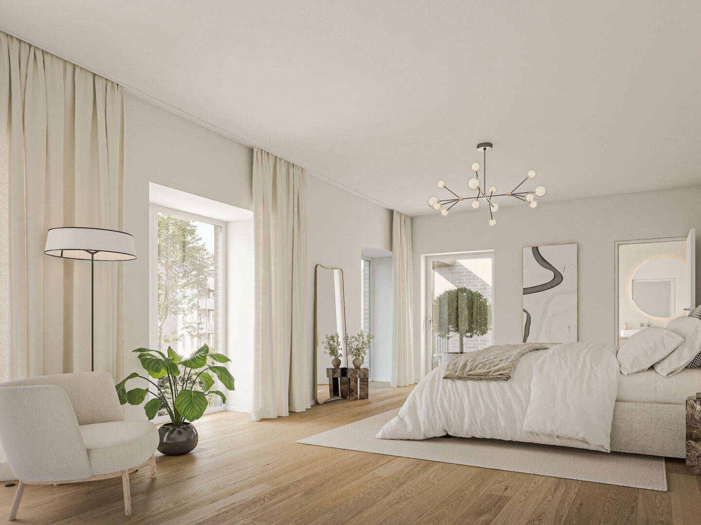 Helles Schlafzimmer mit Holzboden, großen Fenstern und moderner Einrichtung.