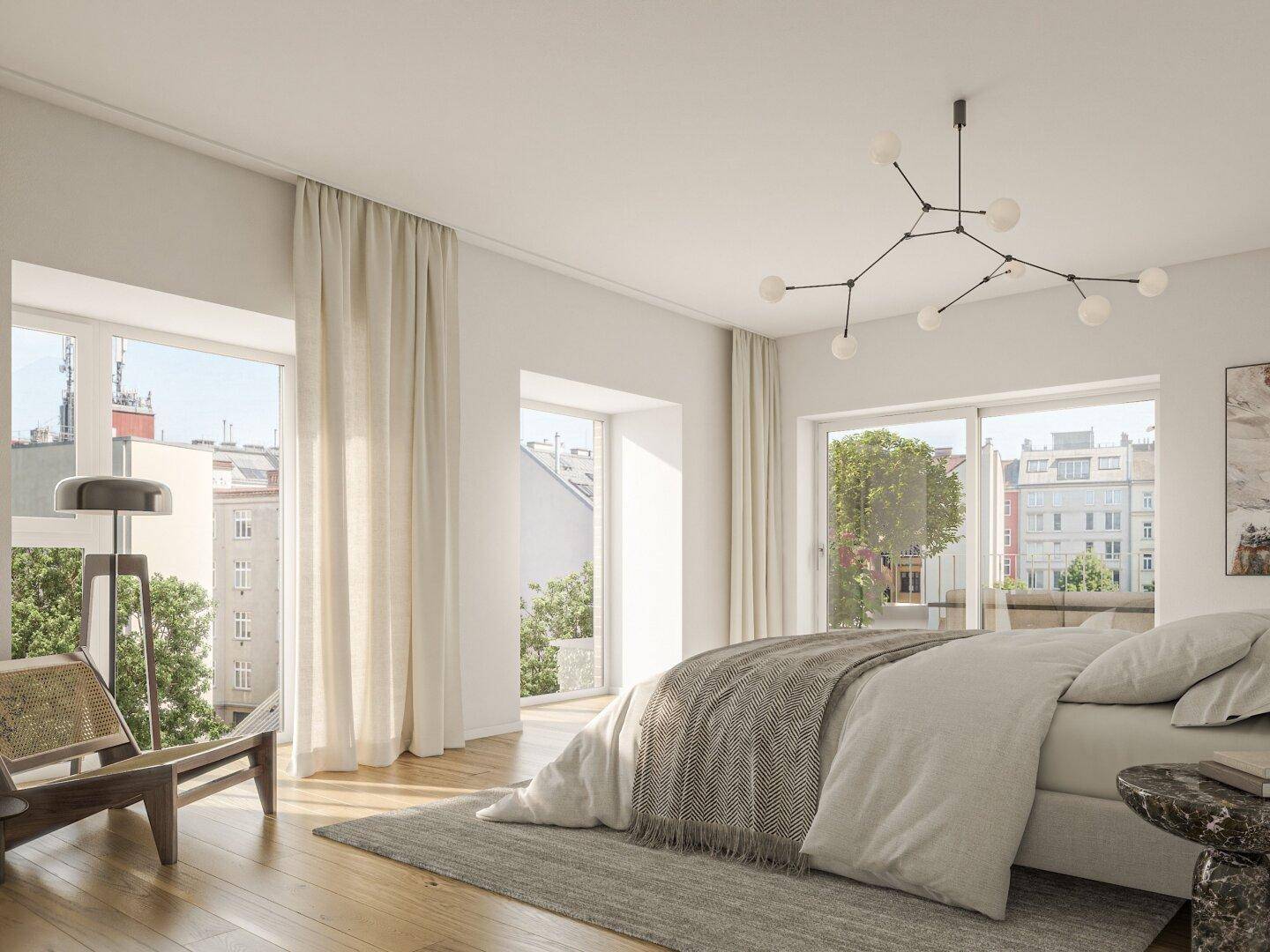 Modernes Schlafzimmer mit Holzboden, großen Fenstern und Blick auf die Stadt.